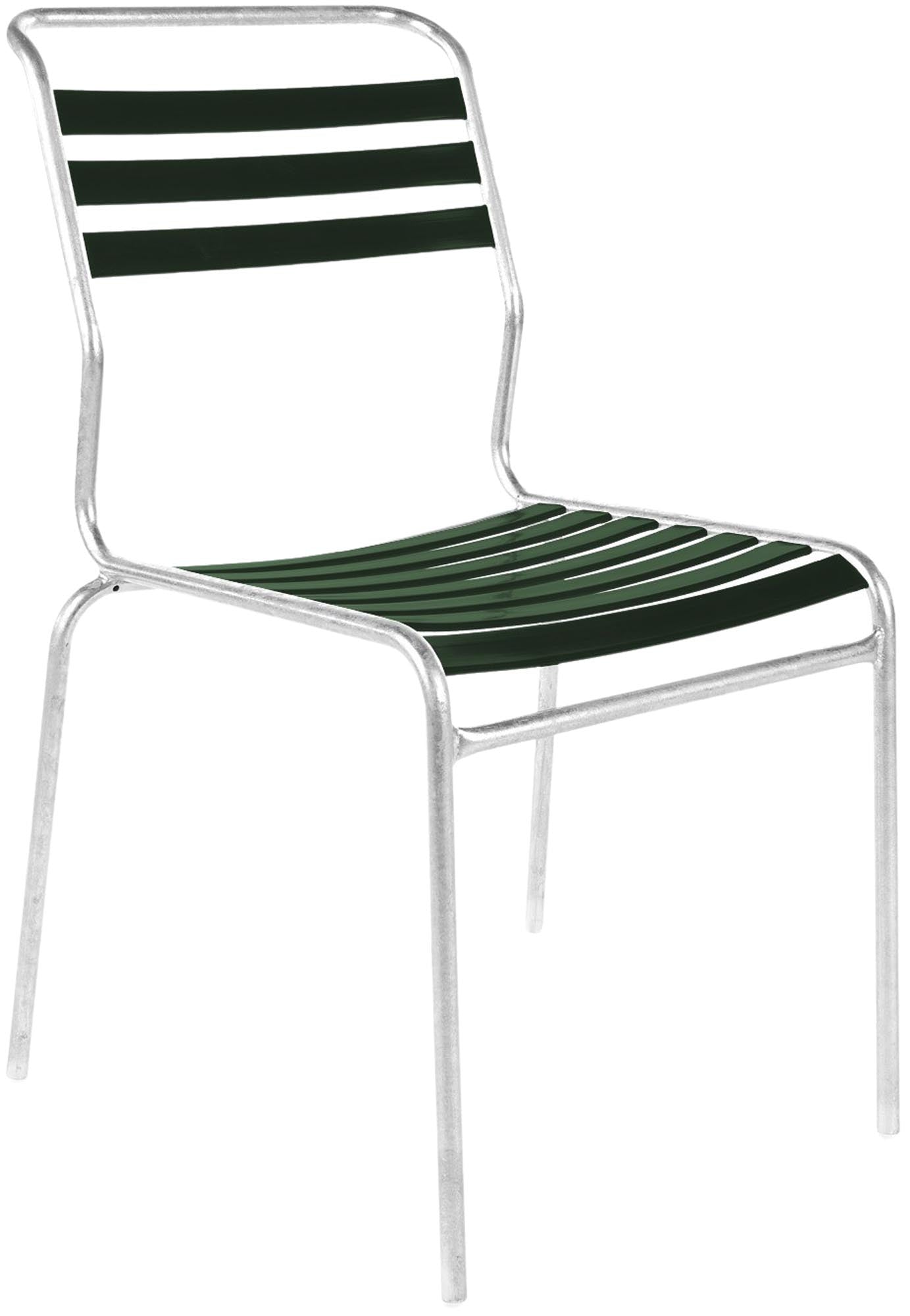 Eleganter, armlehnenloser Gartenstuhl aus wetterfestem, recyceltem Material. Schweizer Handwerkskunst, atmungsaktives Design, langlebig und umweltfreundlich.