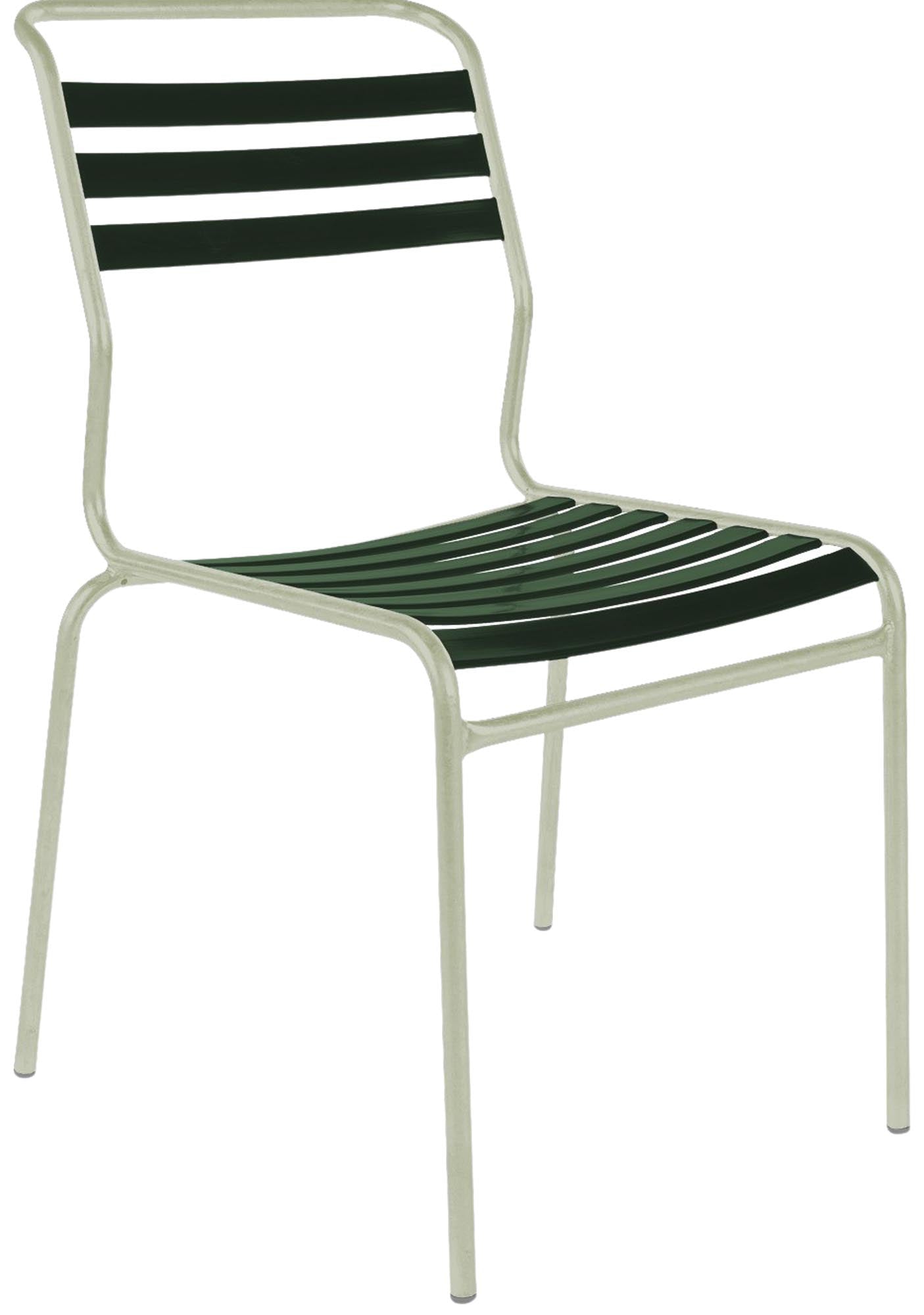 Eleganter, armlehnenloser Gartenstuhl aus wetterfestem, recyceltem Material. Schweizer Handwerkskunst, luftiges Design, langlebig & nachhaltig für Garten & Terrasse.