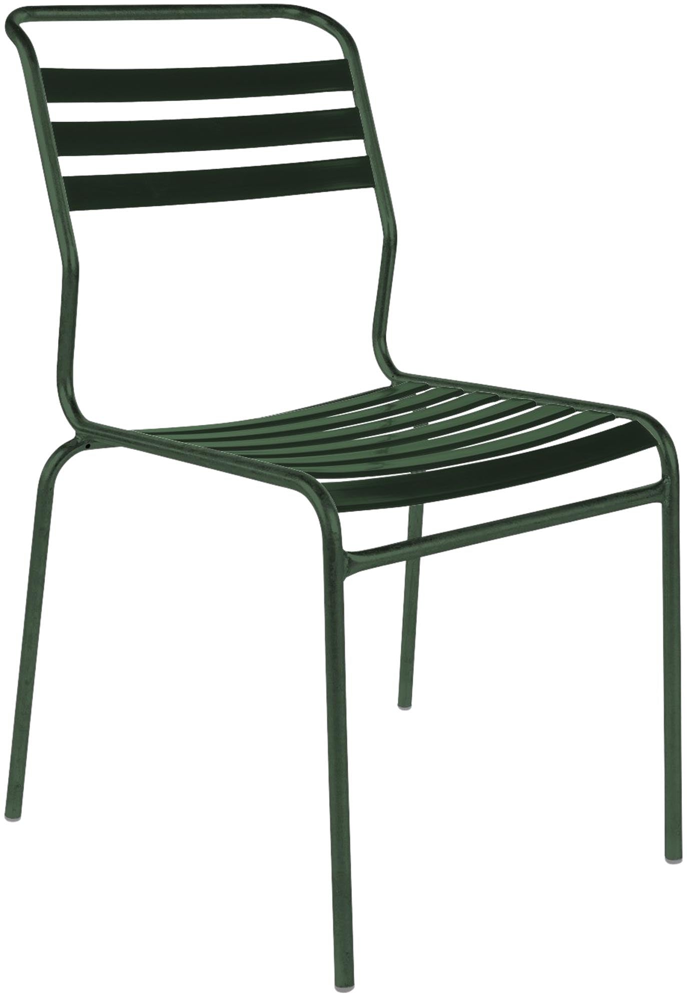 Eleganter, armlehnenloser Gartenstuhl aus wetterfestem, recyceltem Material. Schweizer Handwerkskunst, luftiges Design, langlebig & umweltfreundlich.