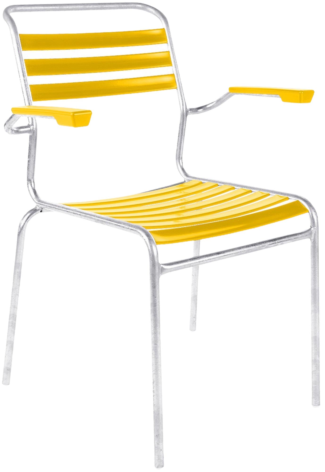 Hochwertiger Säntis Lättli-Gartenstuhl mit Armlehne von Schaffner, wetterfest, langlebig, umweltfreundlich, in vielfältigen Farben und Designs für Terrasse und Garten.