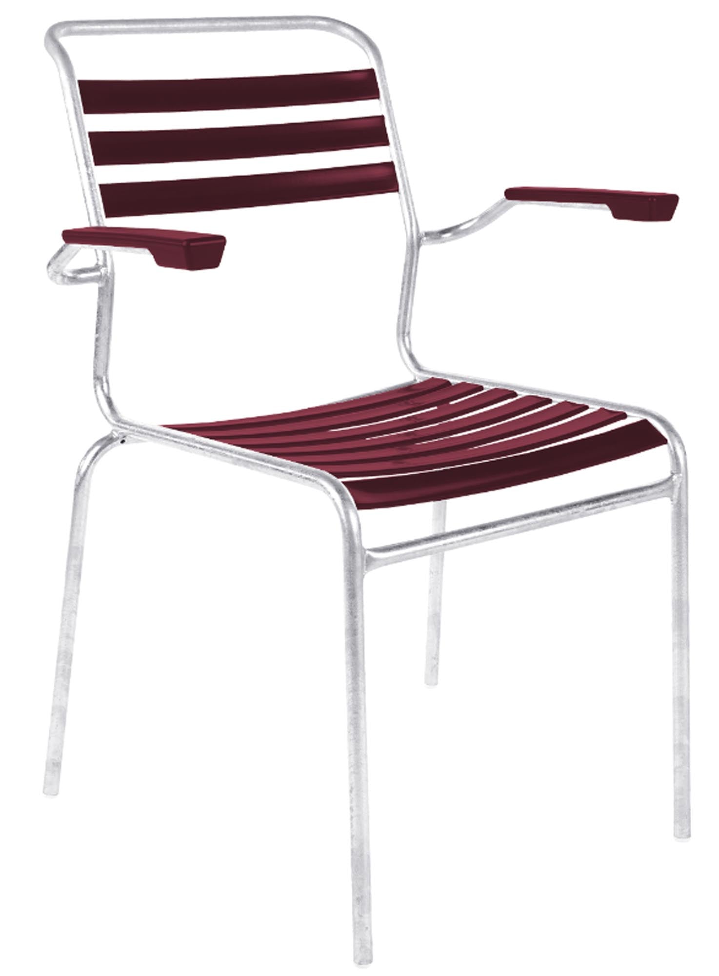 Hochwertiger Säntis Lättli-Gartenstuhl mit Armlehne von Schaffner, wetterfest, langlebig, umweltfreundlich und in vielfältigen Design- und Farbvarianten.