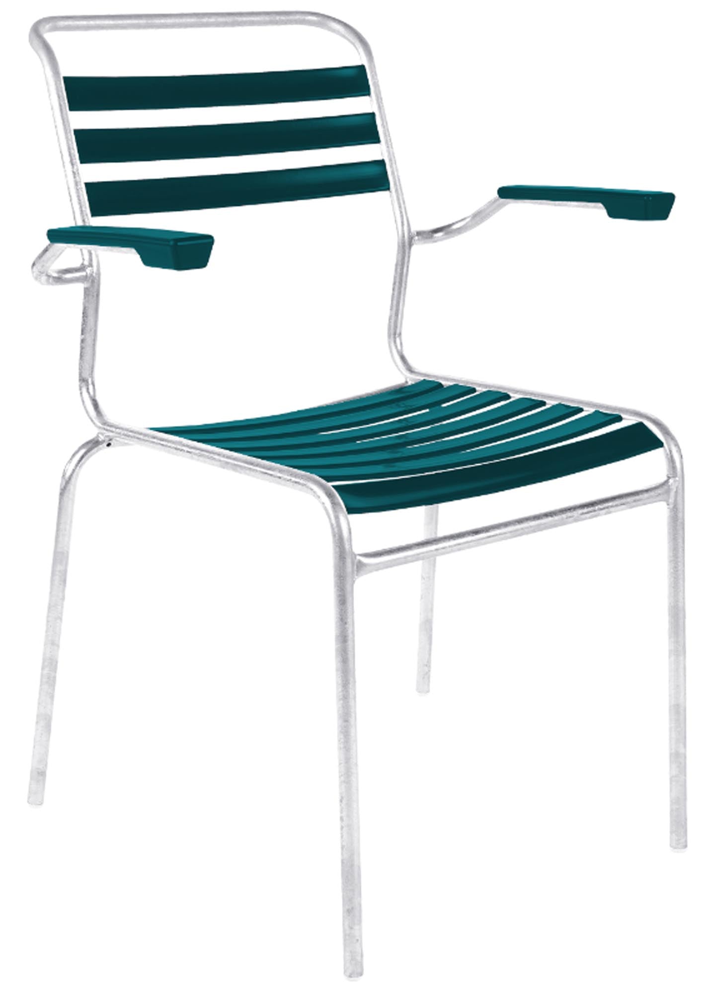 Säntis Lättli-Gartenstuhl mit Armlehne in Kaliblau präsentiert im Onlineshop von KAQTU Design AG. Gartenstuhl mit Armlehnen ist von Schaffner