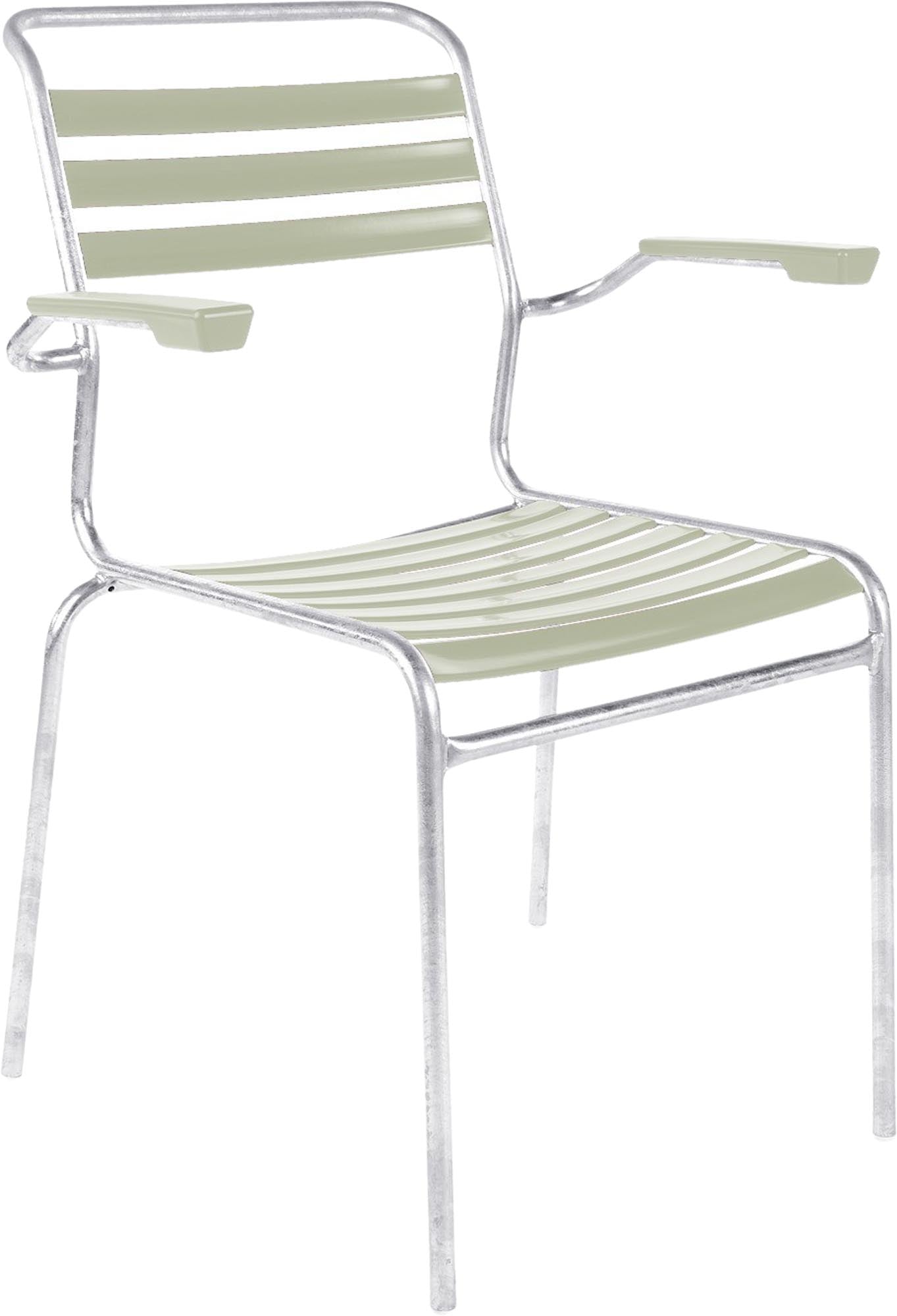 Säntis Lättli-Gartenstuhl mit Armlehne in Pastellgrün präsentiert im Onlineshop von KAQTU Design AG. Gartenstuhl mit Armlehnen ist von Schaffner