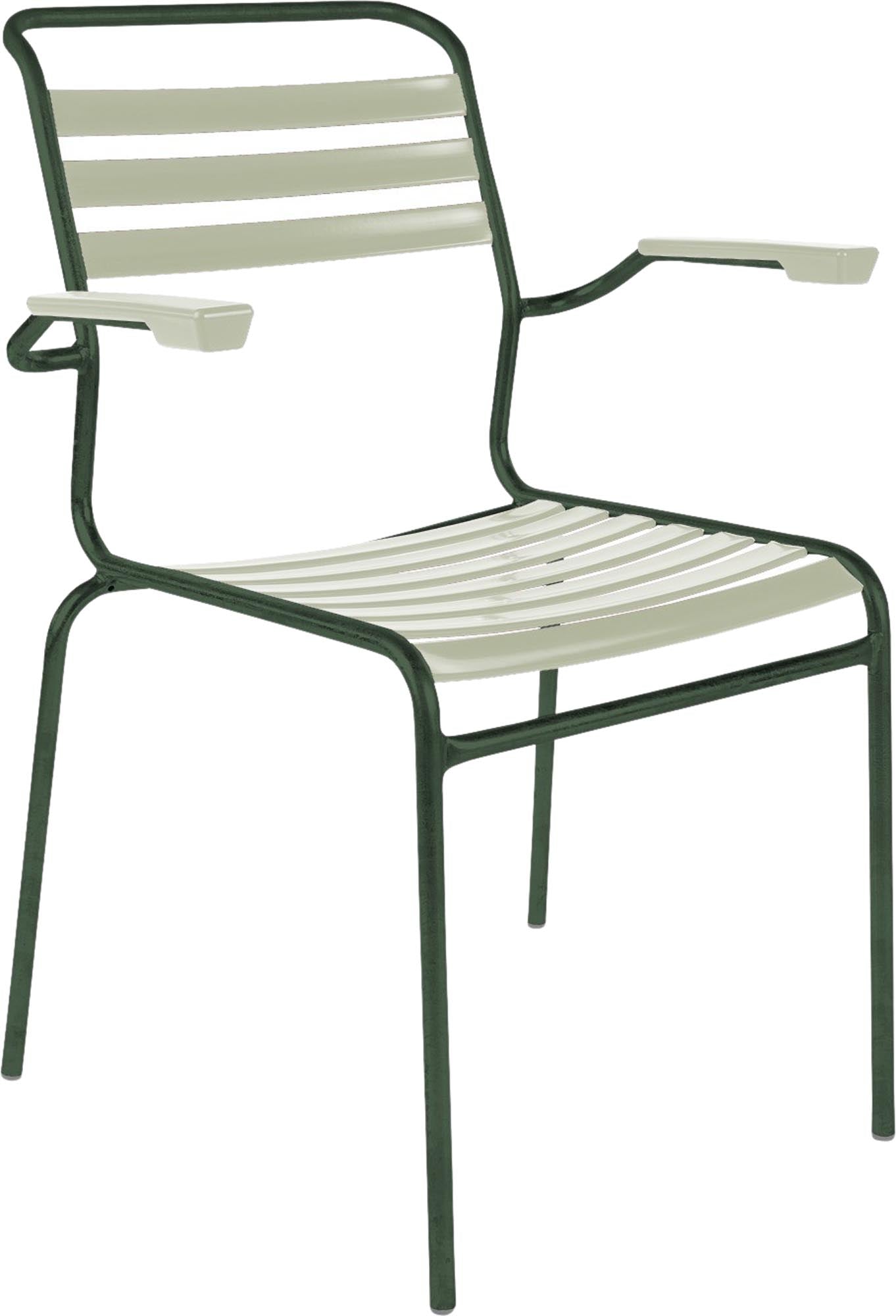 Säntis Lättli-Gartenstuhl mit Armlehne in Pastellgrün präsentiert im Onlineshop von KAQTU Design AG. Gartenstuhl mit Armlehnen ist von Schaffner
