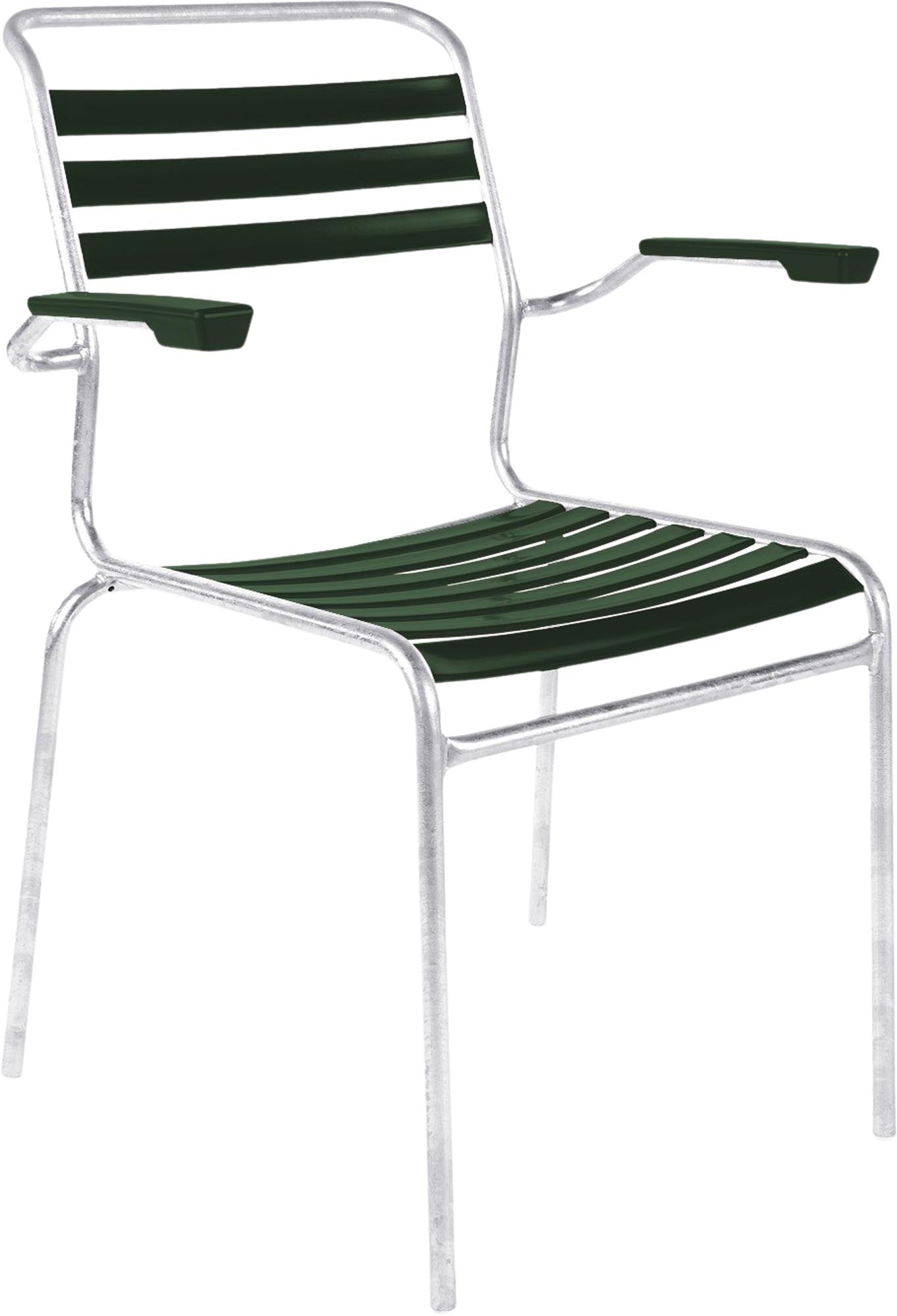 Säntis Lättli-Gartenstuhl mit Armlehne in Tannengrün präsentiert im Onlineshop von KAQTU Design AG. Gartenstuhl mit Armlehnen ist von Schaffner