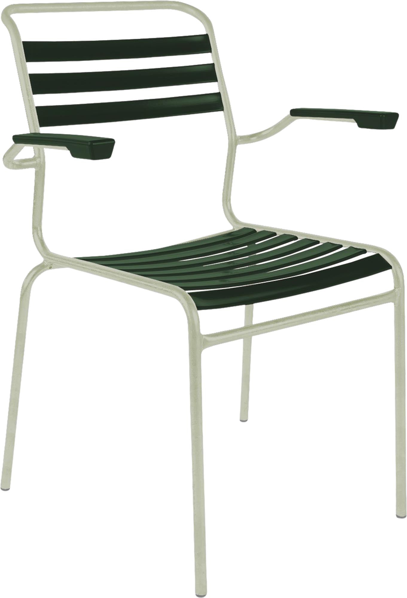 Säntis Lättli-Gartenstuhl mit Armlehne in Tannengrün präsentiert im Onlineshop von KAQTU Design AG. Gartenstuhl mit Armlehnen ist von Schaffner
