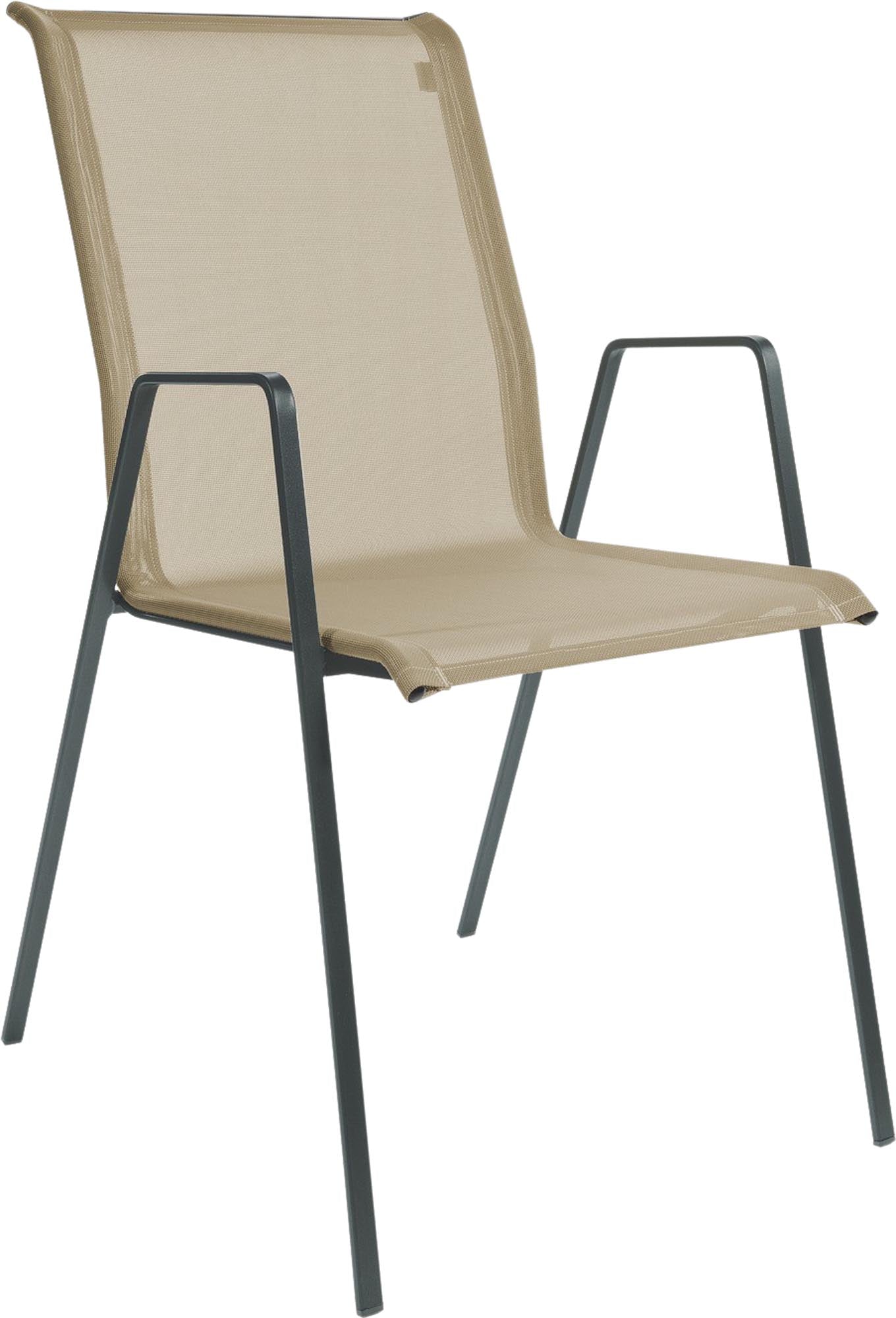 Luzern Textil-Gartenstuhl mit Armlehne von Schaffner: wetterfest, atmungsaktiv, langlebig und bequem – stilvolle Schweizer Gartenmöbel für Ihren Außenbereich.