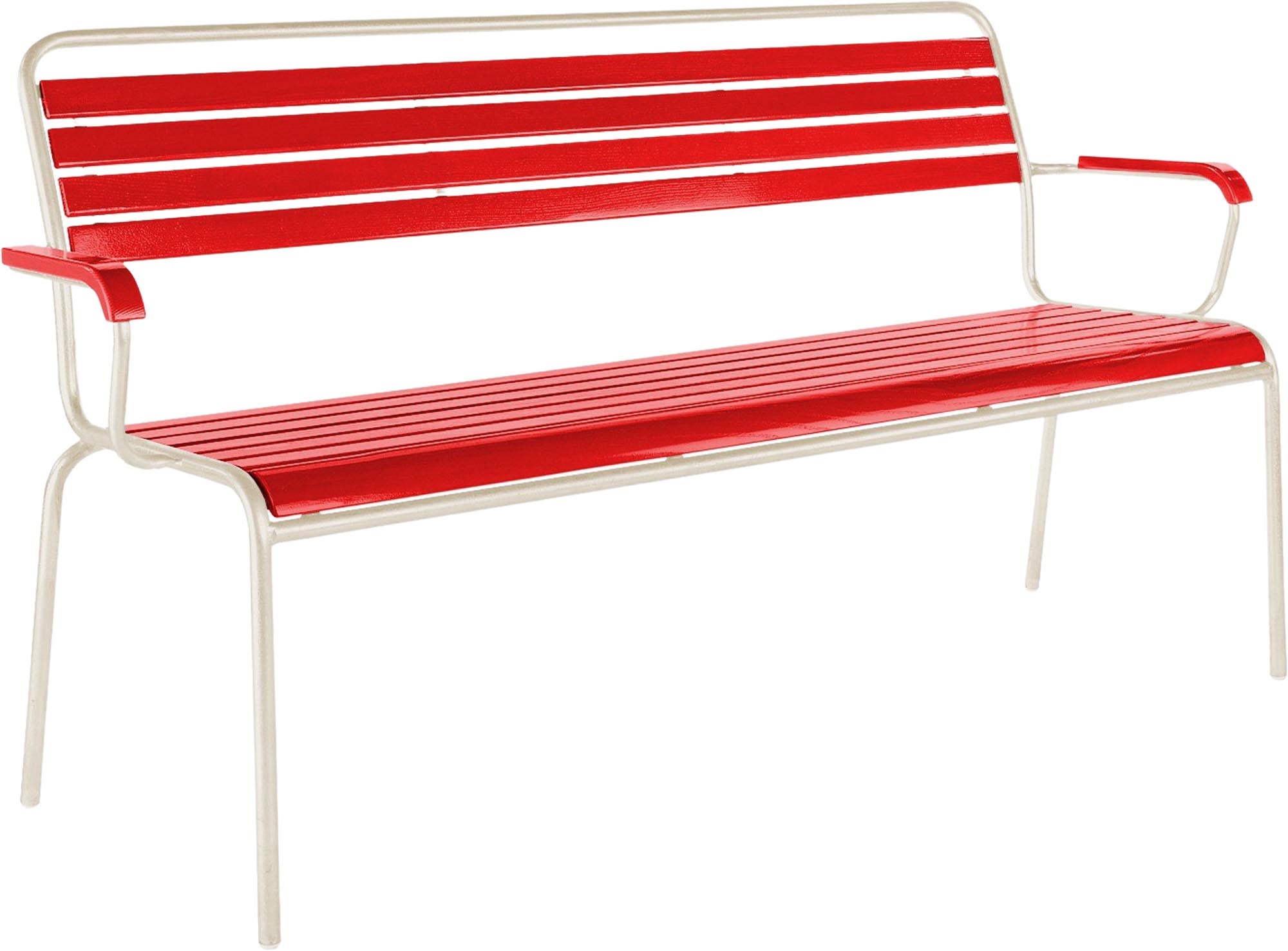 Rigi Holzlatten- 3er-Gartenbank mit Armlehne in Rot präsentiert im Onlineshop von KAQTU Design AG. Gartenbank ist von Schaffner