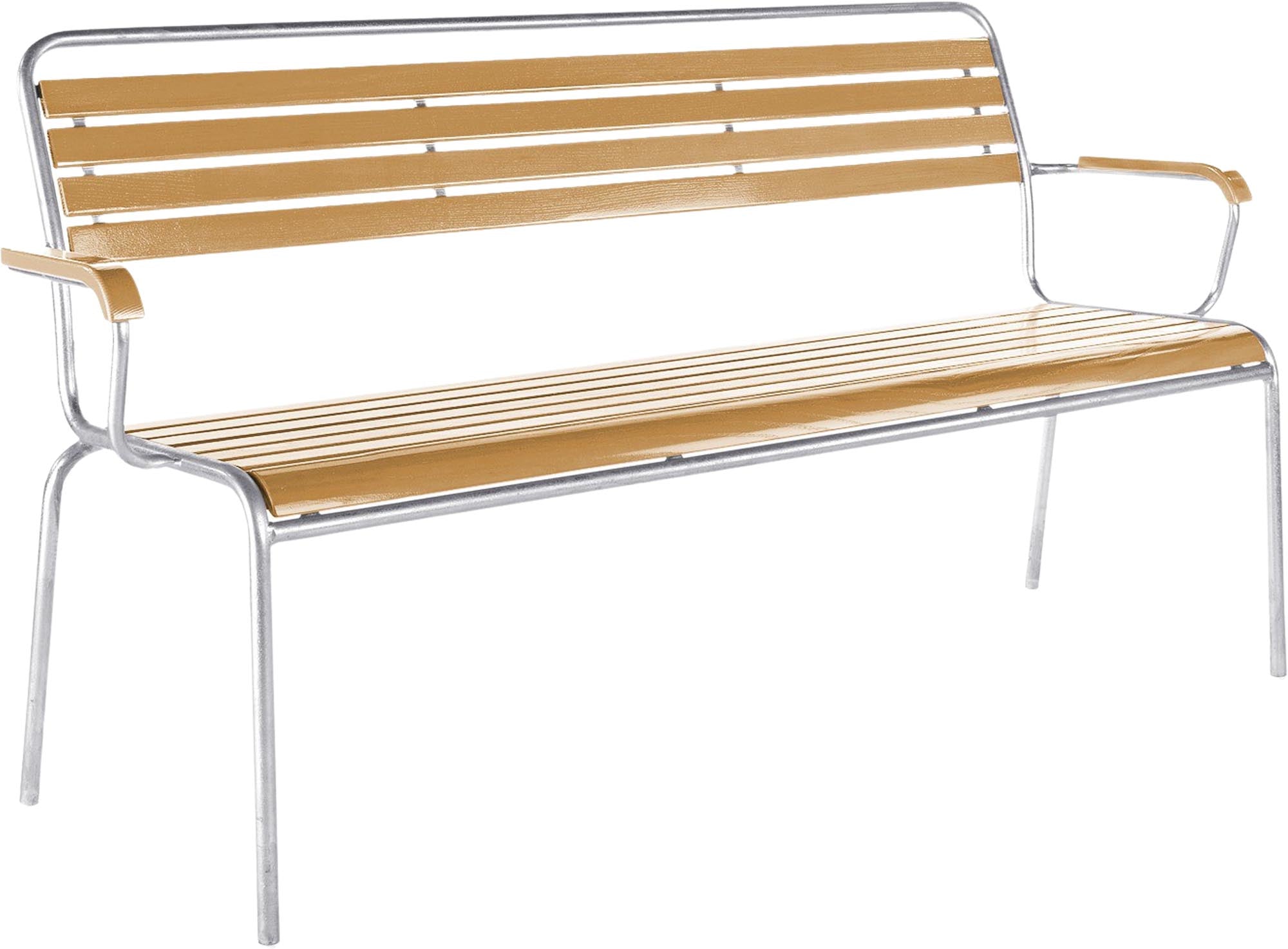 Entspannen Sie stilvoll auf der Rigi Holzlattenbank mit Armlehne von Schaffner – ein zeitloses Retro-Design aus hochwertiger Thurgauer Esche.