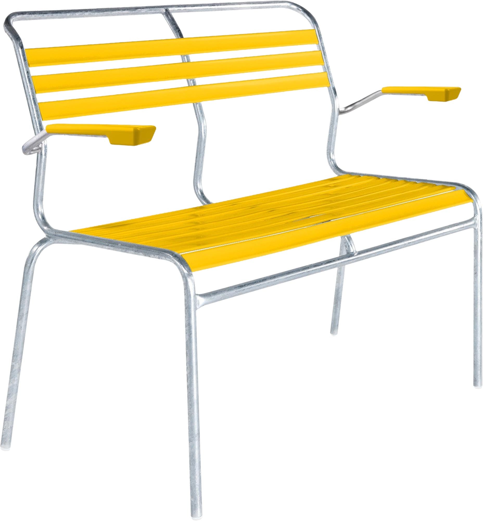Säntis Lättli-2er Gartenbank mit Armlehne in Gelb präsentiert im Onlineshop von KAQTU Design AG. Gartenbank ist von Schaffner