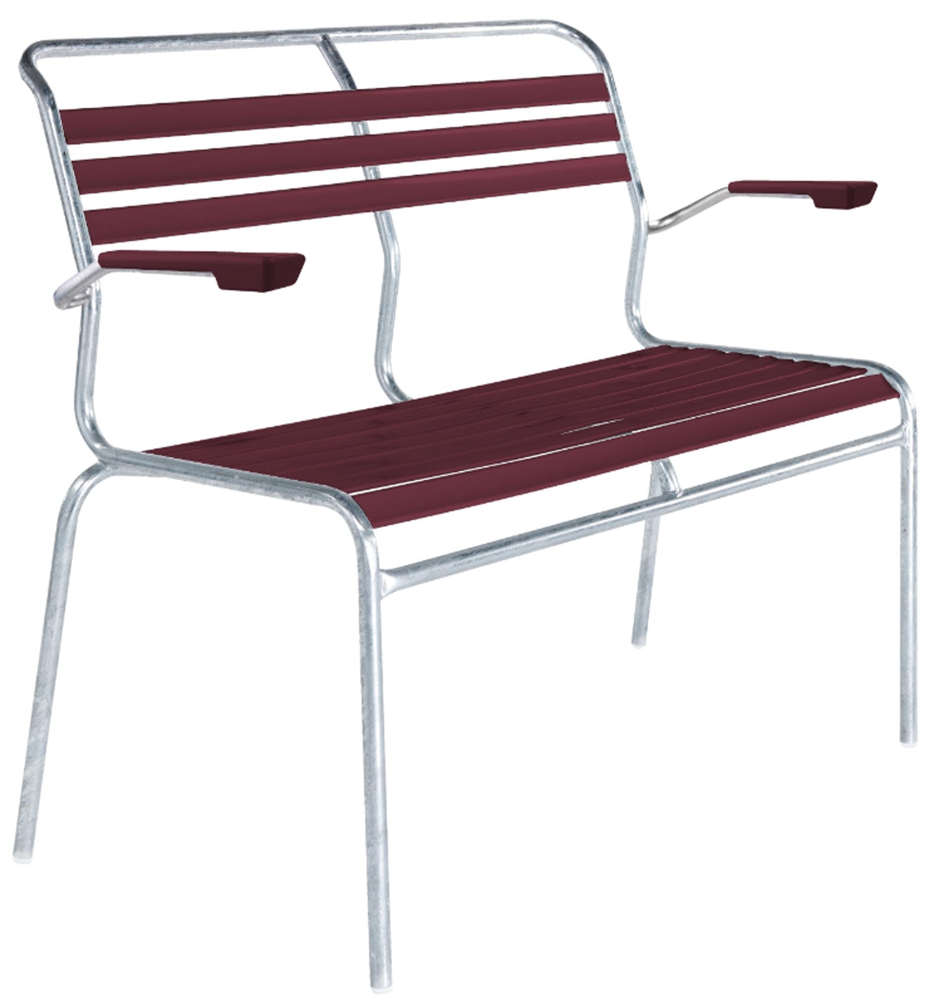 Säntis Lättli-2er Gartenbank mit Armlehne in Bordeaux präsentiert im Onlineshop von KAQTU Design AG. Gartenbank ist von Schaffner