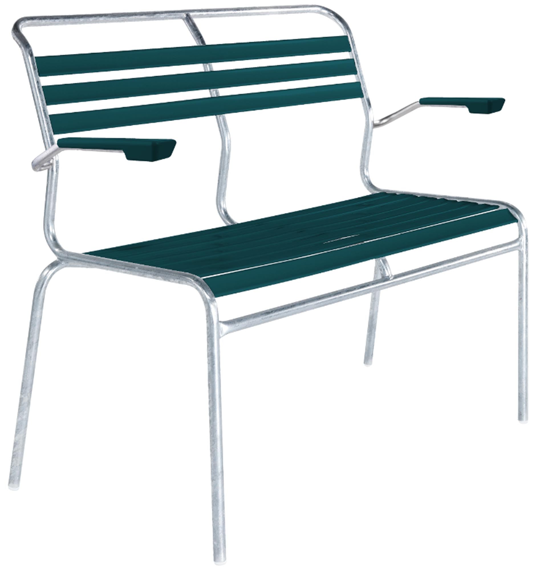 Säntis Lättli-2er Gartenbank mit Armlehne in Kaliblau präsentiert im Onlineshop von KAQTU Design AG. Gartenbank ist von Schaffner