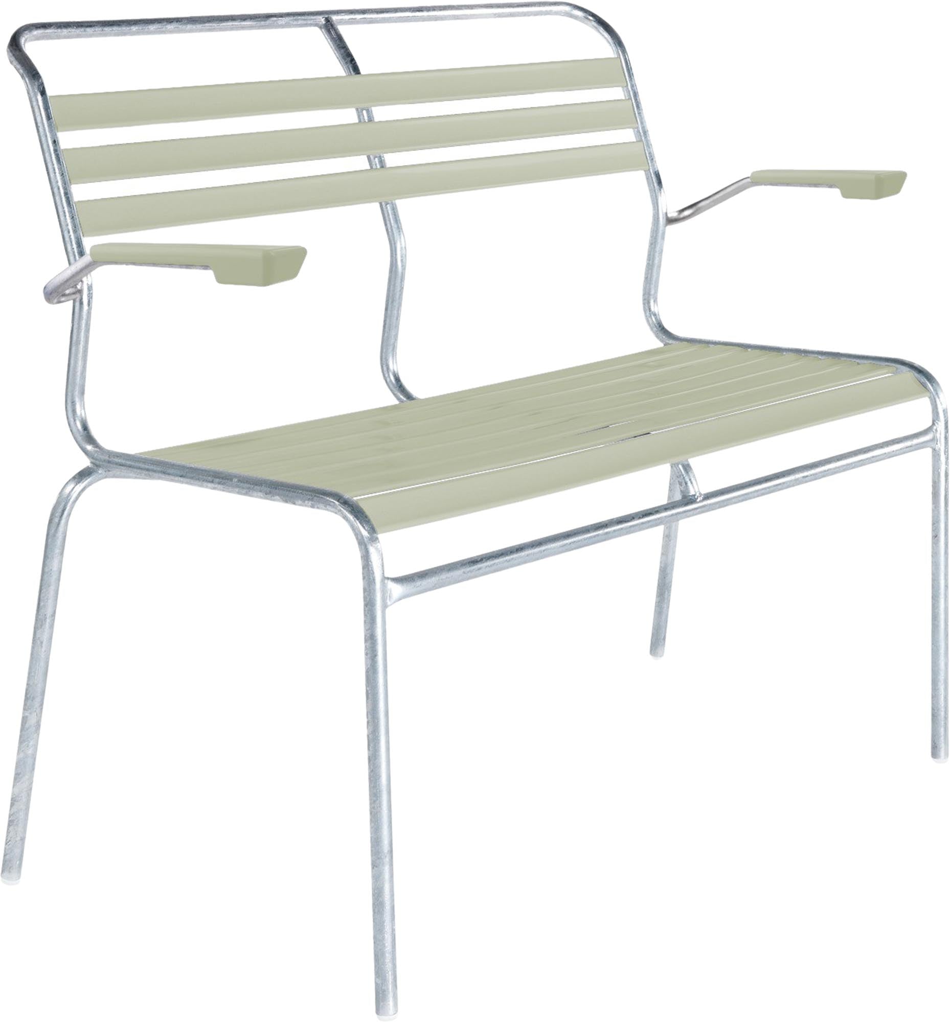 Säntis Lättli-2er Gartenbank mit Armlehne in Pastellgrün präsentiert im Onlineshop von KAQTU Design AG. Gartenbank ist von Schaffner