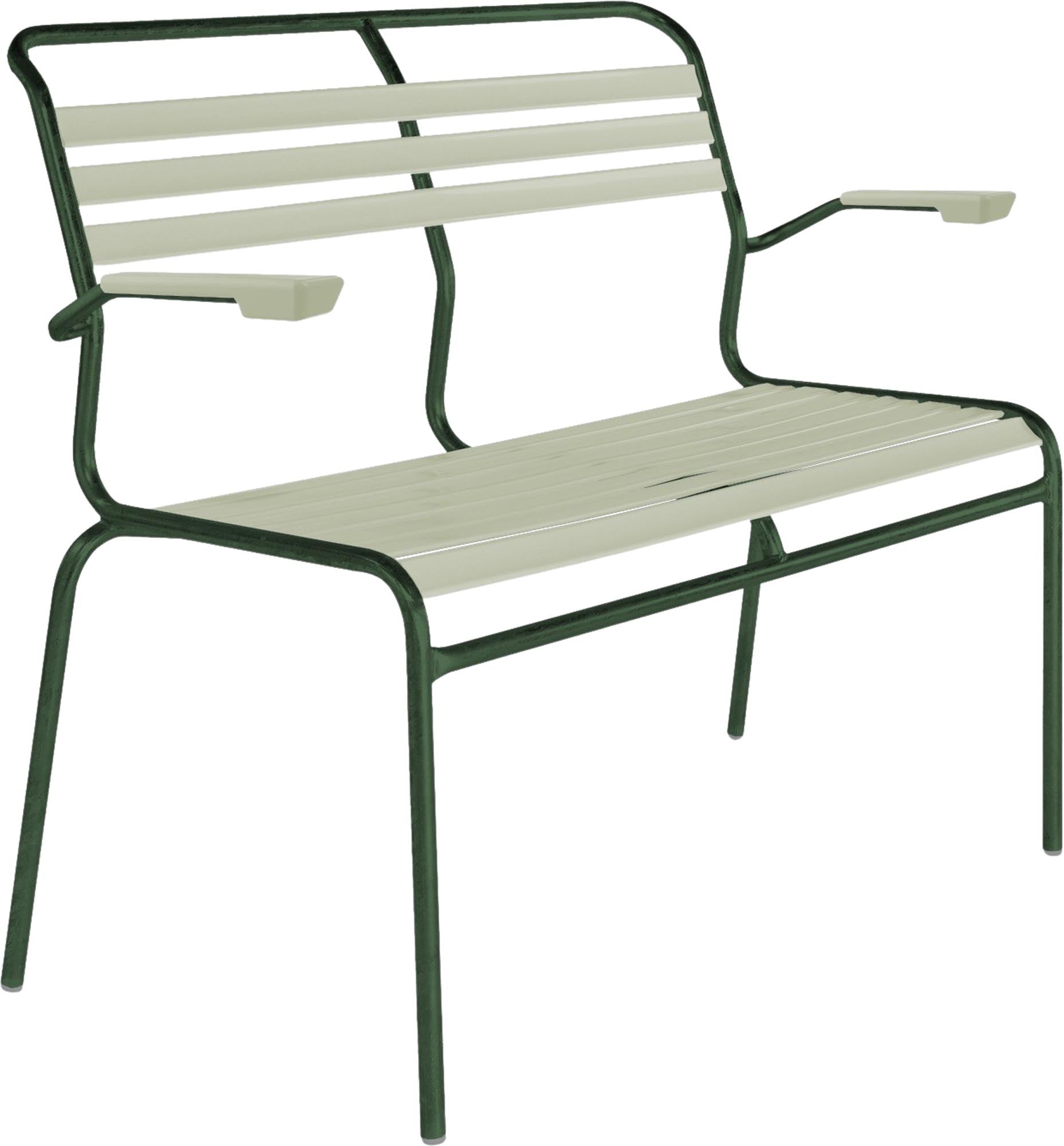 Säntis Lättli-2er Gartenbank mit Armlehne in Pastellgrün präsentiert im Onlineshop von KAQTU Design AG. Gartenbank ist von Schaffner