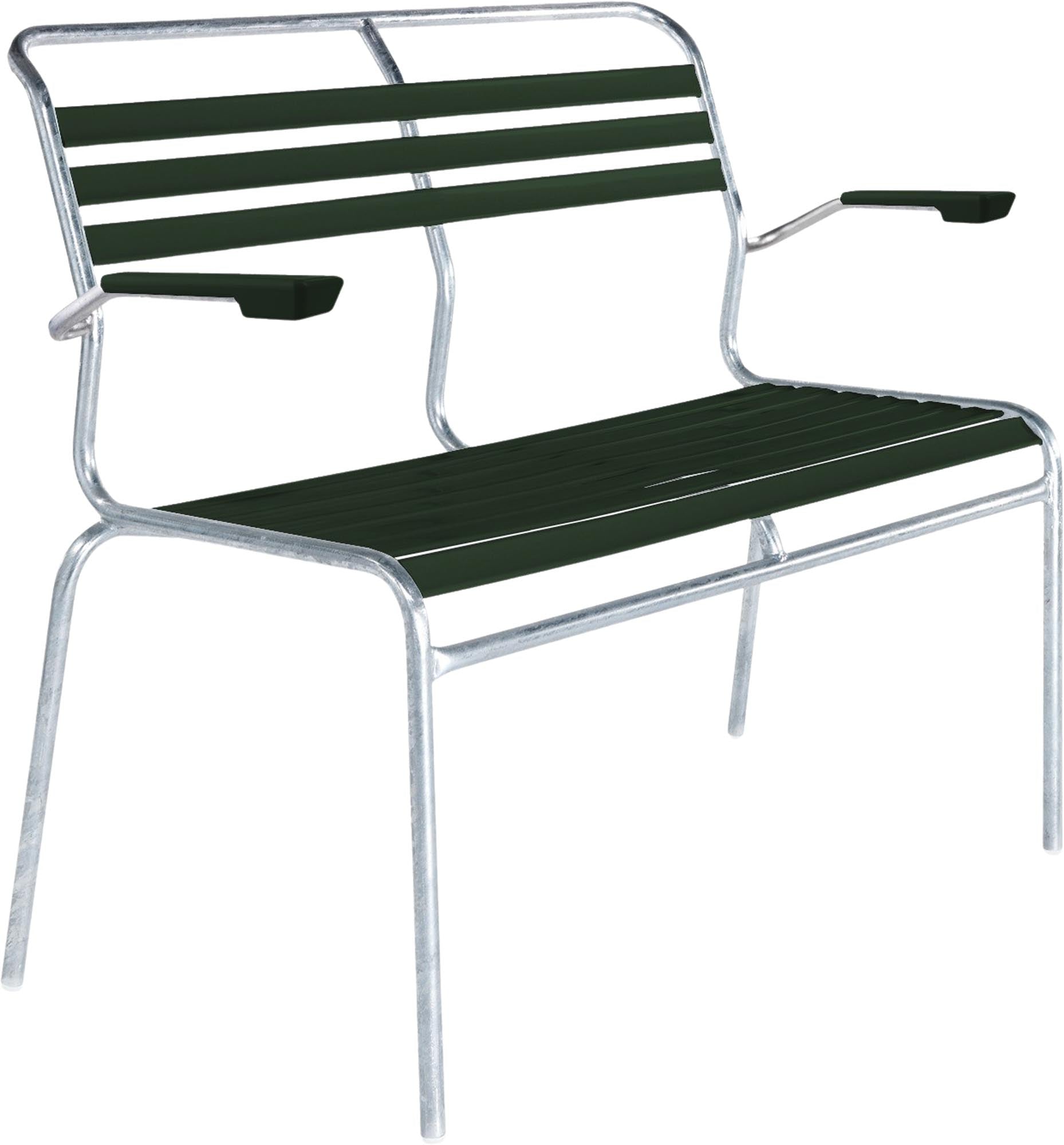 Säntis Lättli-2er Gartenbank mit Armlehne in Tannengrün präsentiert im Onlineshop von KAQTU Design AG. Gartenbank ist von Schaffner