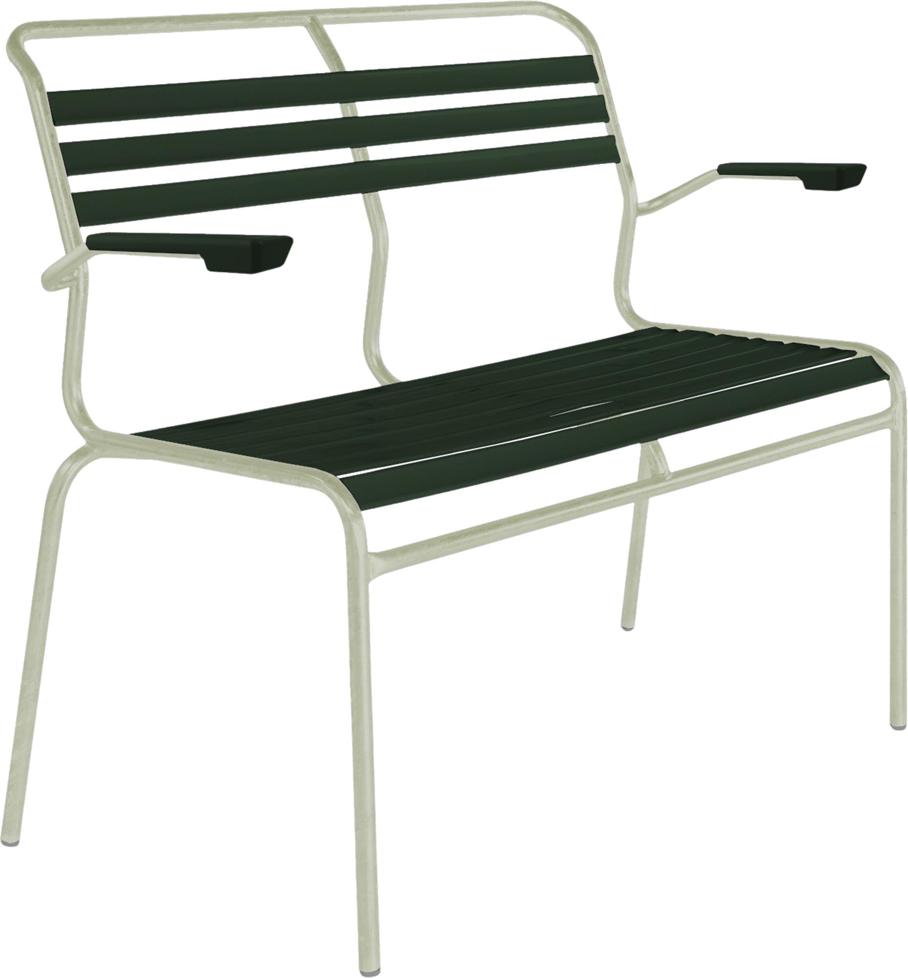 Säntis Lättli-2er Gartenbank mit Armlehne in Tannengrün präsentiert im Onlineshop von KAQTU Design AG. Gartenbank ist von Schaffner