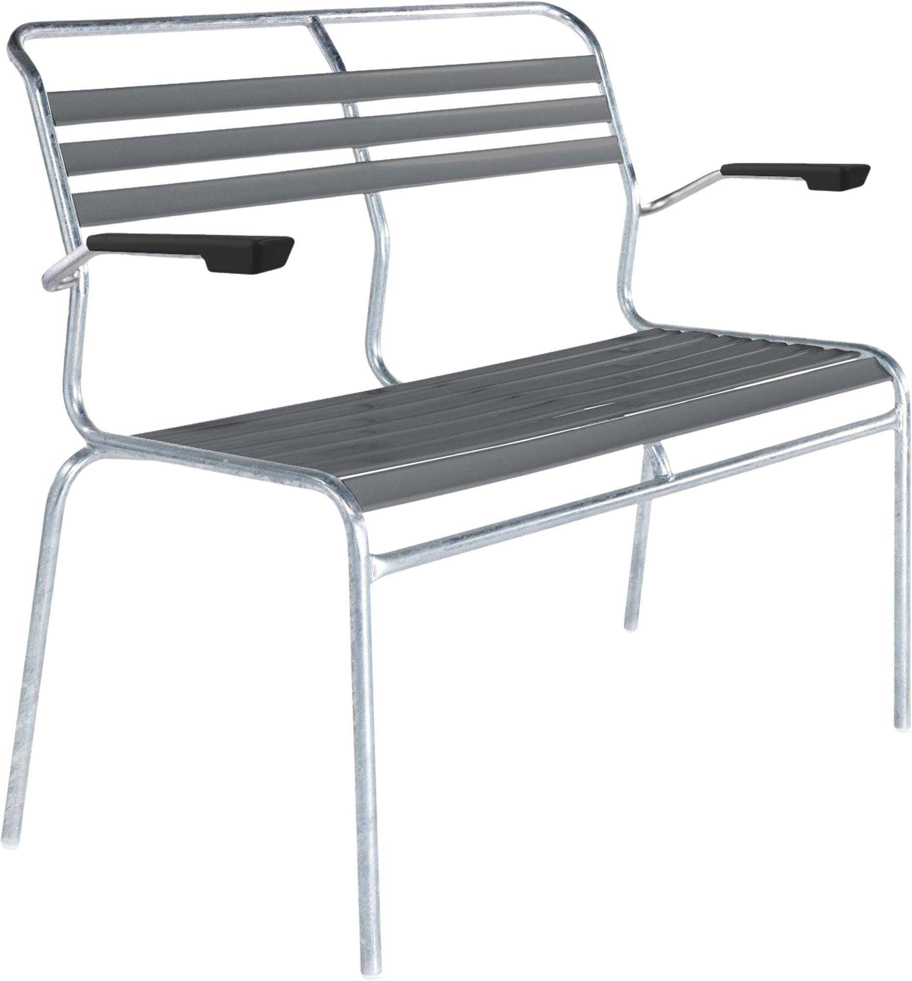 Elegante Säntis Lättli-2er Gartenbank mit Armlehne aus wetterfestem, langlebigem Metall, Schweizer Handwerkskunst, ideal für Balkon, Terrasse oder Garten.
