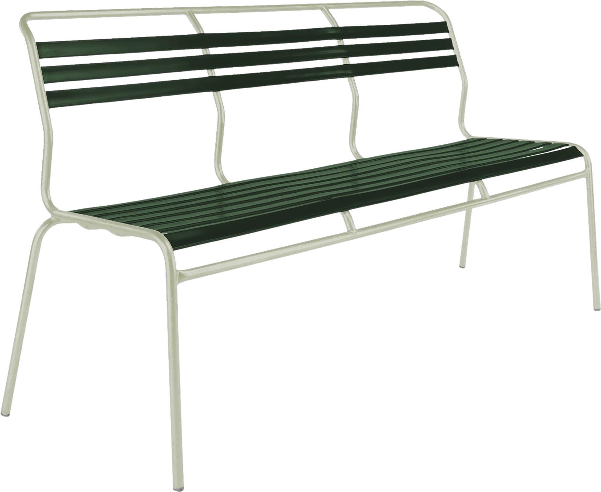 Elegante, wetterfeste Säntis Lättli-3er Gartenbank ohne Armlehnen aus robustem Metall und recyceltem OceanYarn®. Ideal für Garten, Terrasse und öffentliche Räume.