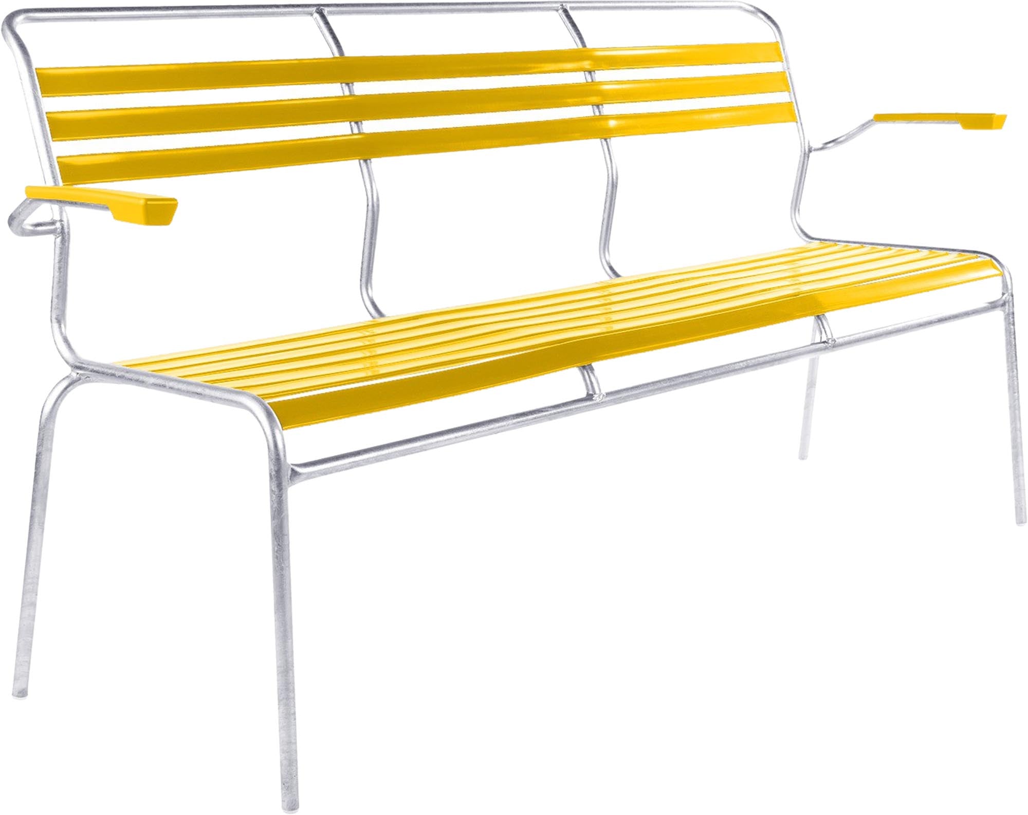 Säntis Lättli-3er Gartenbank mit Armlehne in Gelb präsentiert im Onlineshop von KAQTU Design AG. Gartenbank ist von Schaffner