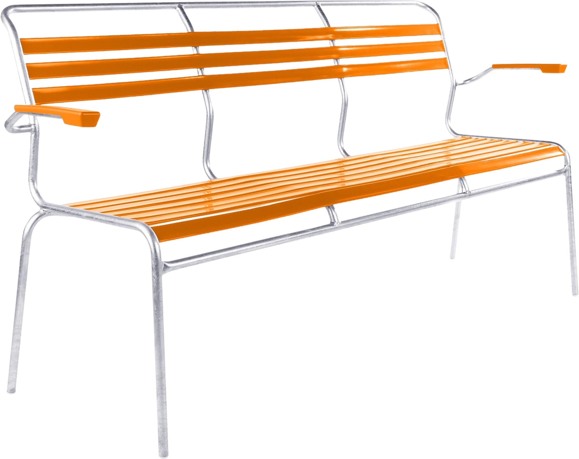Säntis Lättli-3er Gartenbank mit Armlehne in Orange präsentiert im Onlineshop von KAQTU Design AG. Gartenbank ist von Schaffner