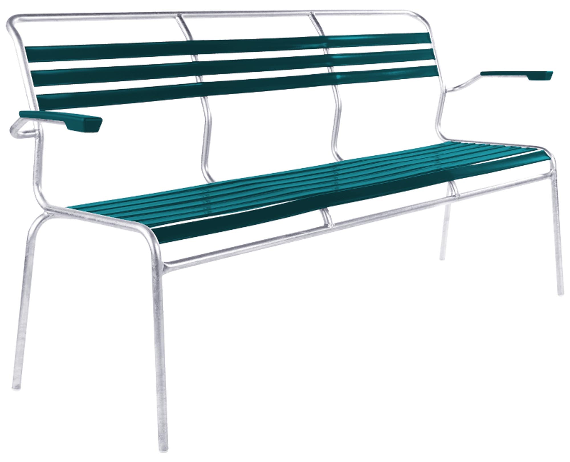 Säntis Lättli-3er Gartenbank mit Armlehne in Kaliblau präsentiert im Onlineshop von KAQTU Design AG. Gartenbank ist von Schaffner