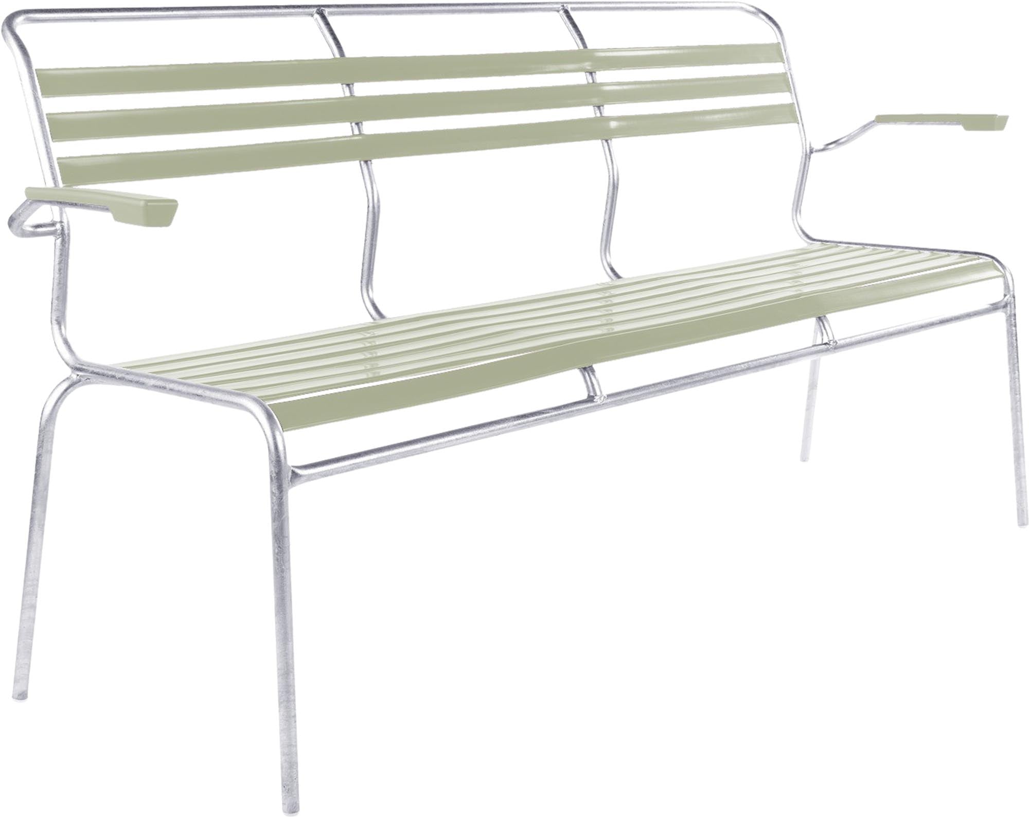 Säntis Lättli-3er Gartenbank mit Armlehne in Pastellgrün präsentiert im Onlineshop von KAQTU Design AG. Gartenbank ist von Schaffner