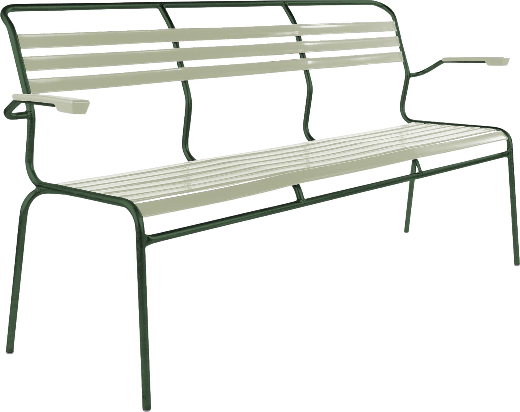 Säntis Lättli-3er Gartenbank mit Armlehne in Pastellgrün präsentiert im Onlineshop von KAQTU Design AG. Gartenbank ist von Schaffner