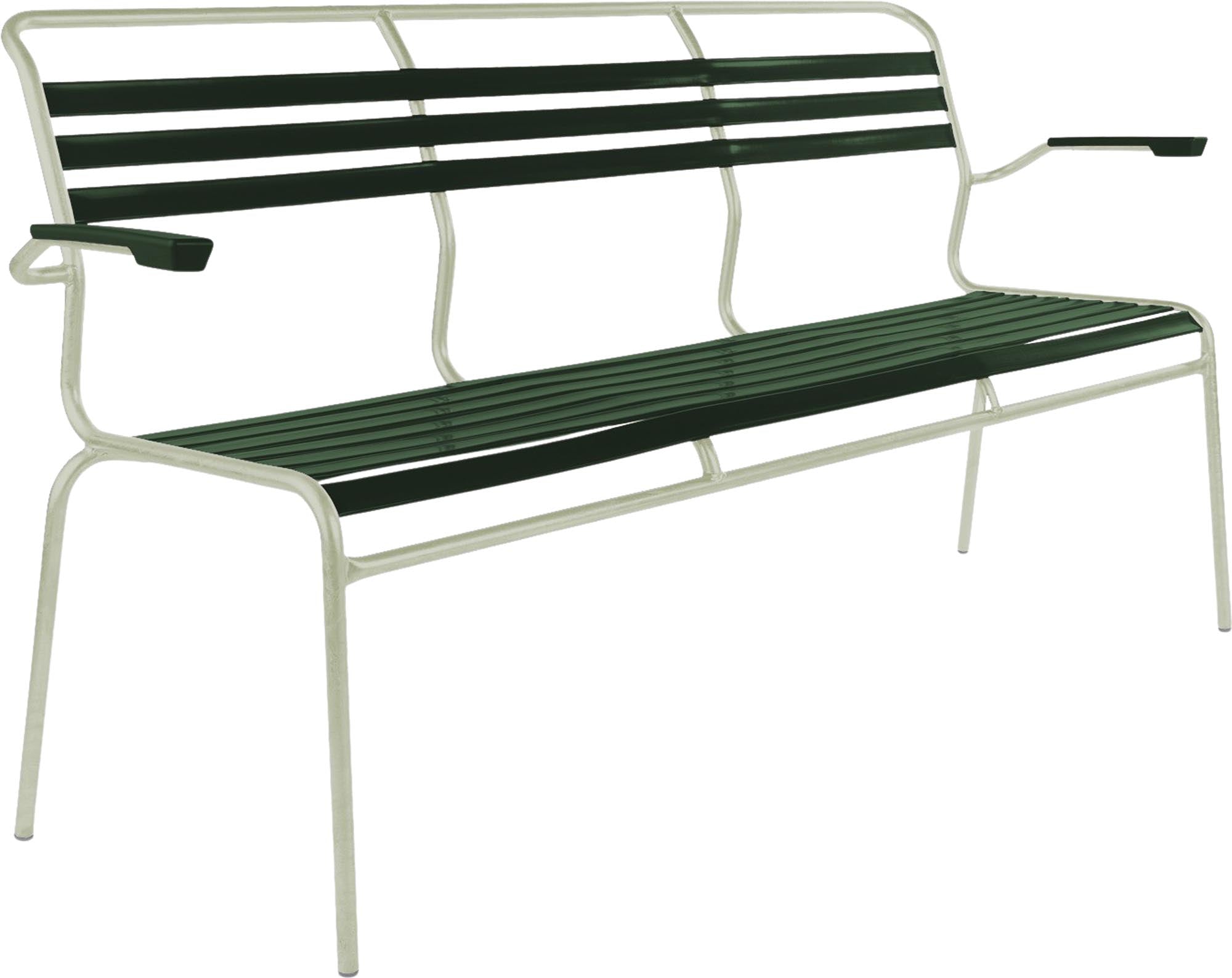 Elegante Säntis Lättli-3er Gartenbank mit Armlehnen aus wetterfestem, nachhaltigem Schweizer Material – perfekt für Garten, Terrasse oder Balkon.