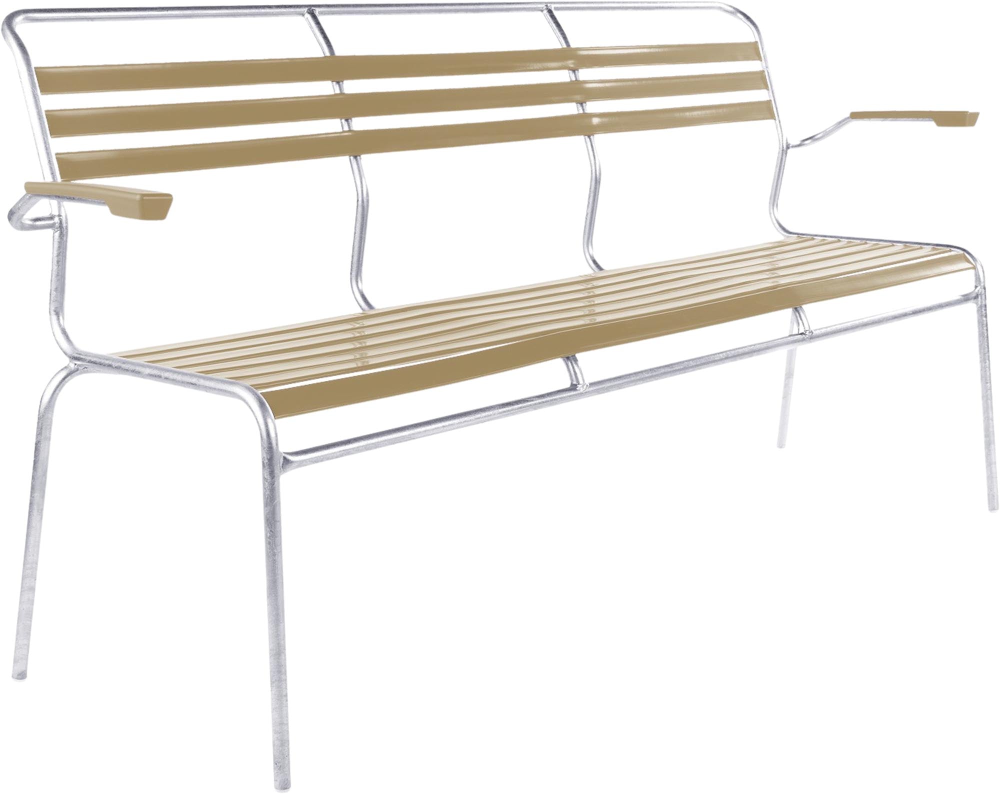 Säntis Lättli-3er Gartenbank mit Armlehne in Pastellbraun präsentiert im Onlineshop von KAQTU Design AG. Gartenbank ist von Schaffner