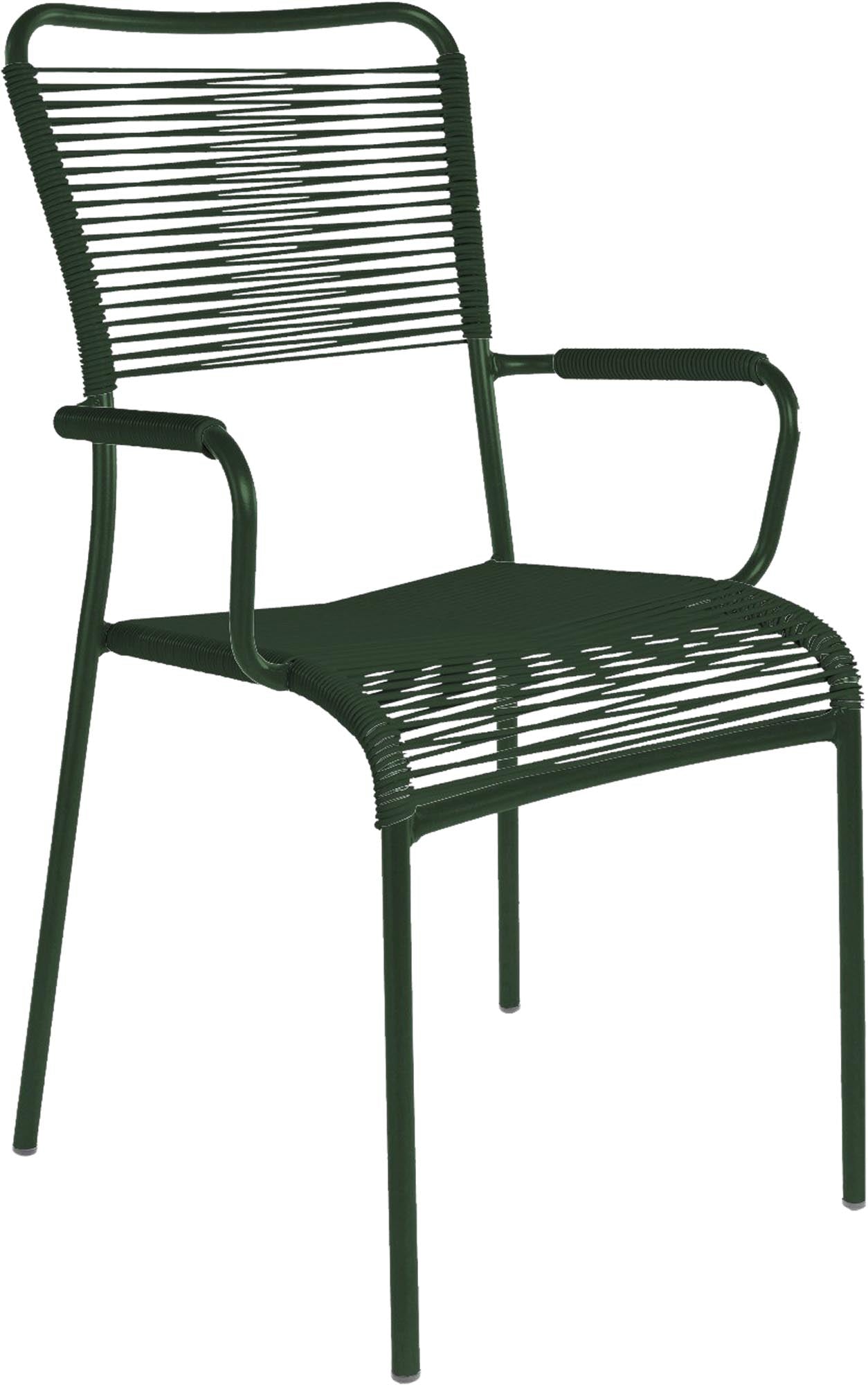 Eleganter Spaghettistuhl Mendrisio mit Armlehne von Schaffner – perfekt für Garten und Terrasse, vereint Langlebigkeit und Komfort für entspannte Momente.