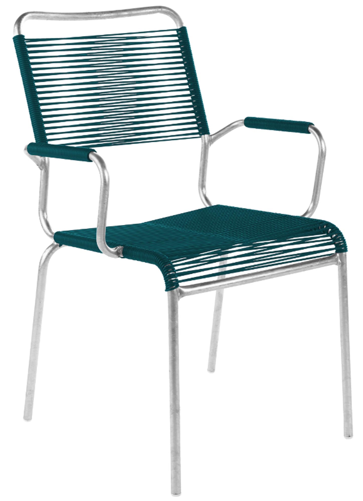 Erleben Sie den Spaghettistuhl Rigi mit Armlehne von Schaffner – ein stilvolles, langlebiges Möbelstück für Ihren Garten oder Balkon.