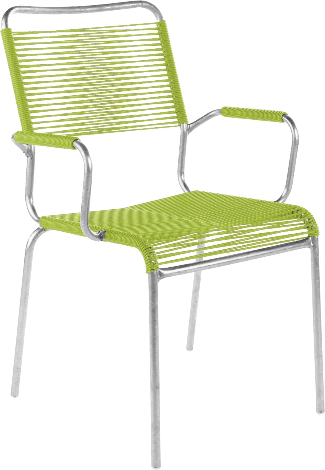 Eleganter Rigi Spaghetti-Gartenstuhl mit Armlehne Comfort, wetterfest, robust und komfortabel. Schweizer Handwerkskunst für stilvollen Außenbereich.