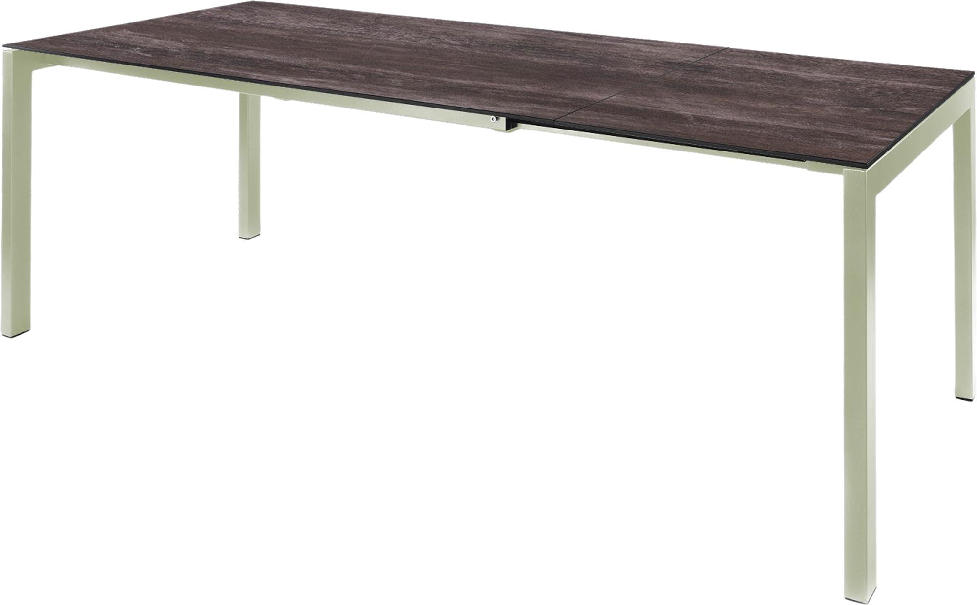 Eleganter, ausziehbarer Gartentisch aus Glasfaser, ideal für Outdoor-Events. Vergrößert sich von 140 auf 200 cm für mehr Platz.