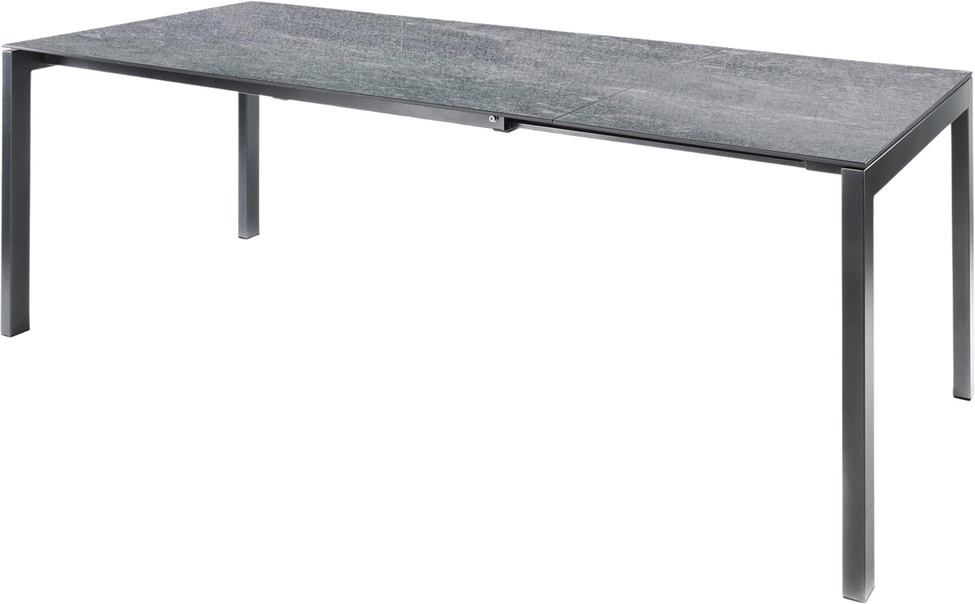 Moderner, flexibler Gartentisch aus hochwertigem Glasfaser, erweiterbar für gesellige Zusammenkünfte im Freien. Ideal für jede Terrasse.