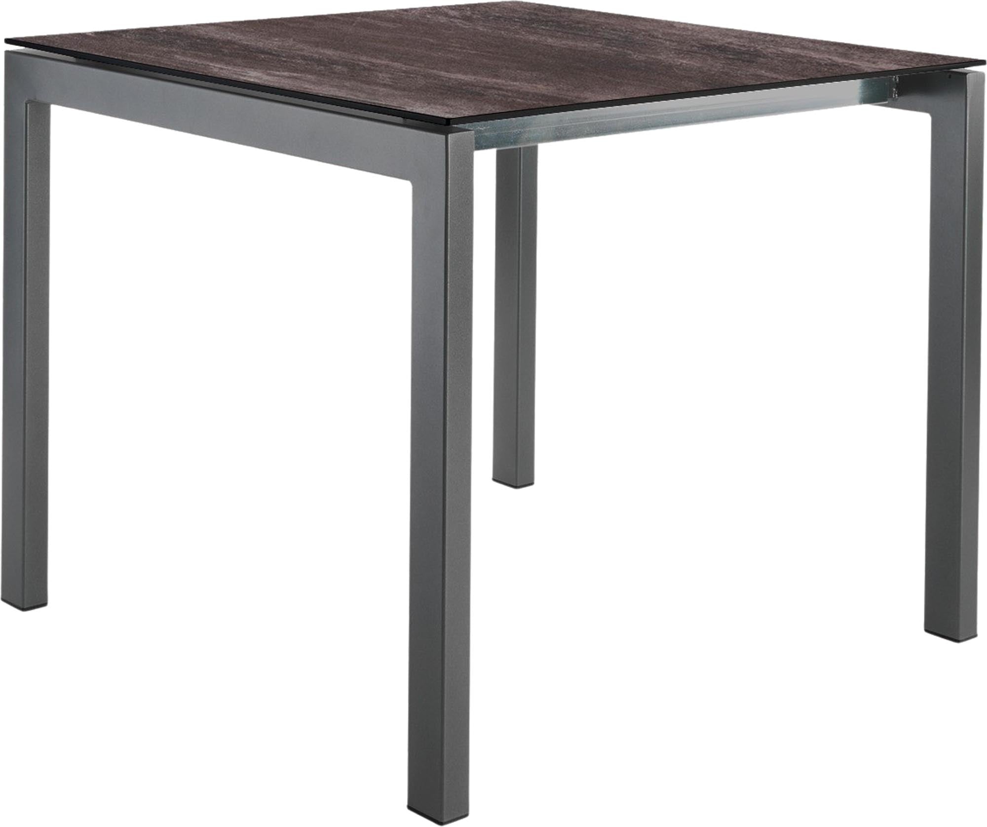 Moderner Luzern Glasfaser-Gartentisch 80x80 von Schaffner, wetterfest, ausziehbar, hitzebeständig, langlebig, Schweizer Qualität – ideal für Garten & Balkon.