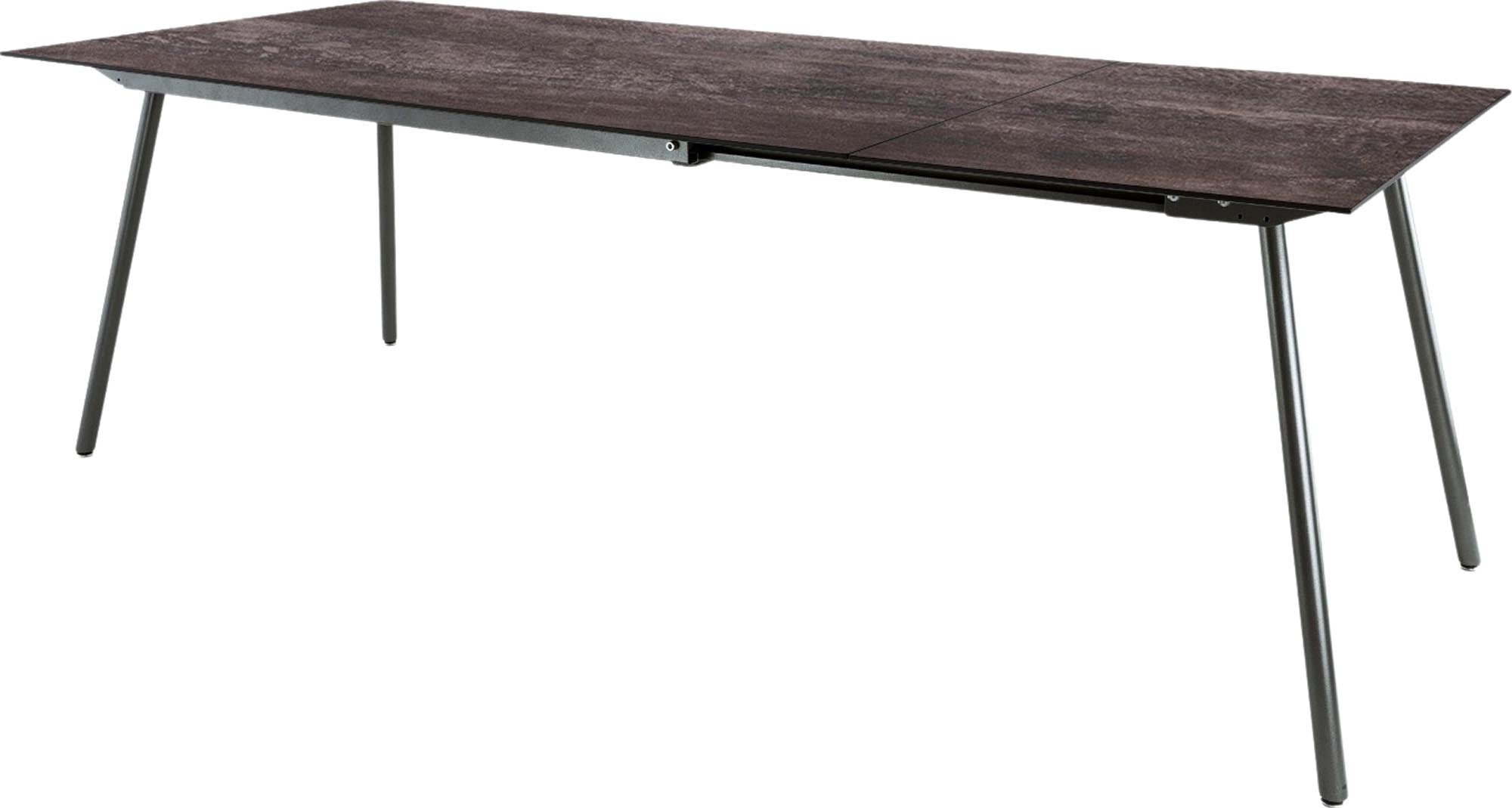 Eleganter, ausziehbarer Gartentisch aus Glasfaser in den Maßen 160/220x90 cm, ideal für gesellige Abende im Freien, robust und pflegeleicht.