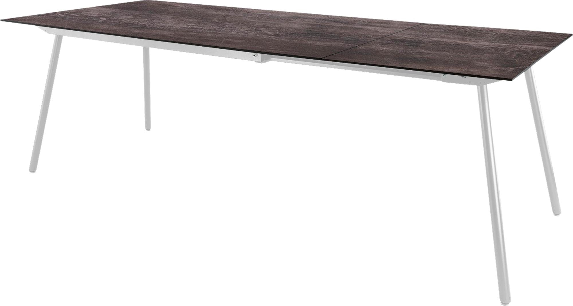 Moderner Gartentisch aus Glasfaser, ausziehbar von 160 auf 220 cm, ideal für entspannte Grillabende und stilvolle Außenbereiche.