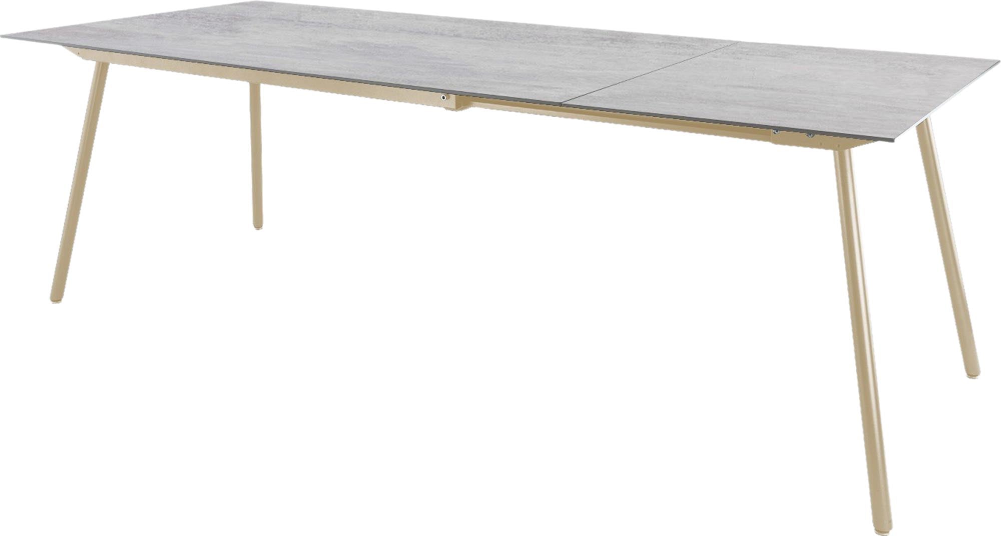 Moderner Gartentisch aus Glasfaser, ausziehbar von 160 auf 220 cm, perfekt für gesellige Zusammenkünfte im Freien, stilvoll und langlebig.