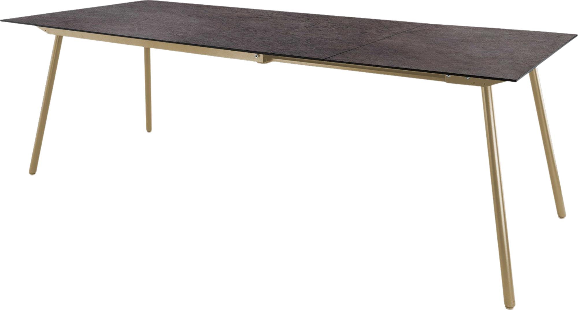 Moderner Gartentisch aus Glasfaser, ausziehbar von 160 auf 220 cm, perfekt für gesellige Runden im Freien, stabil und ansprechend.