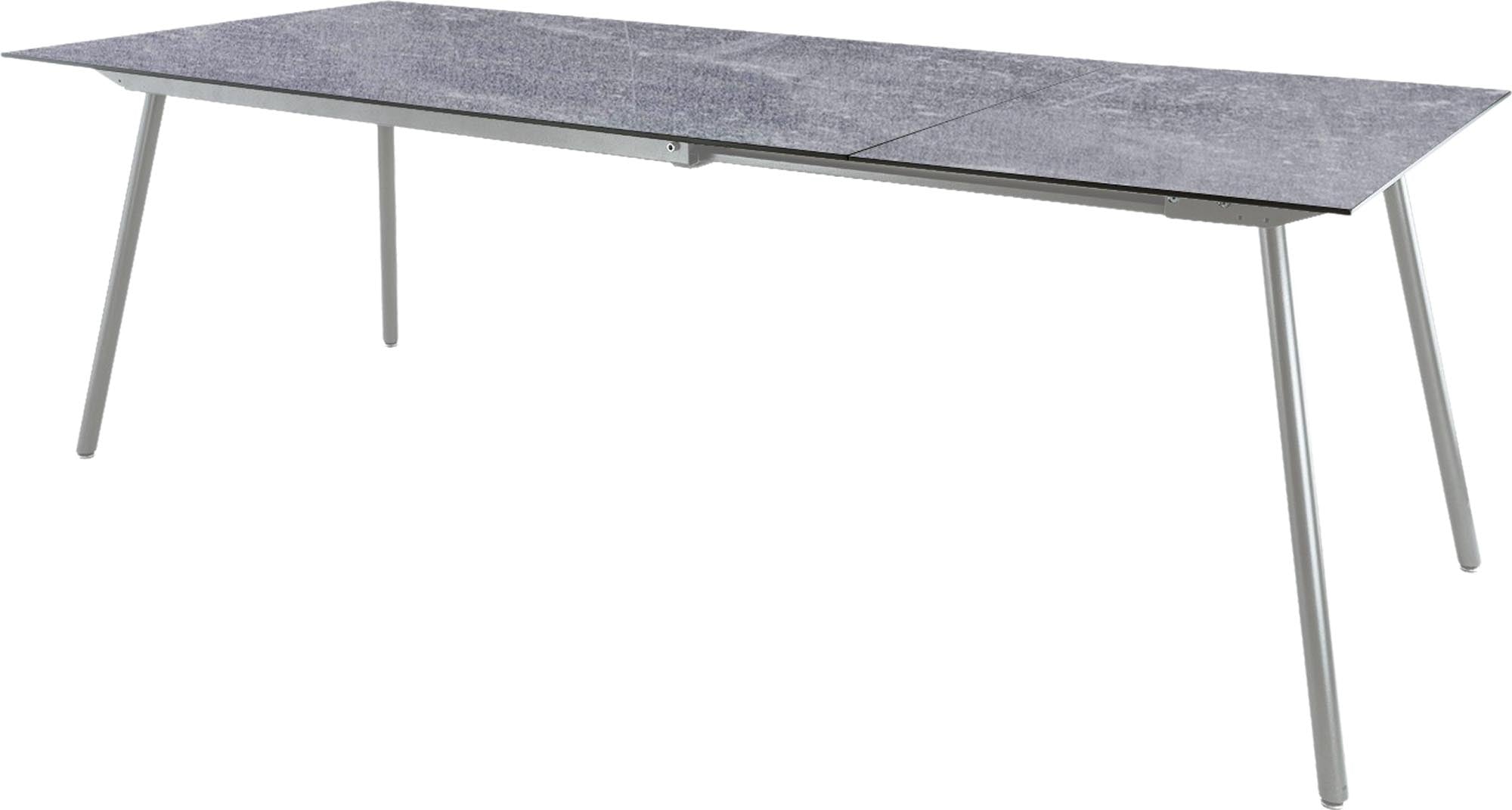 Eleganter, ausziehbarer Gartentisch aus Glasfaser in den Maßen 160/220x90 cm, ideal für stilvolle Outdoor-Bereiche, robust und pflegeleicht.