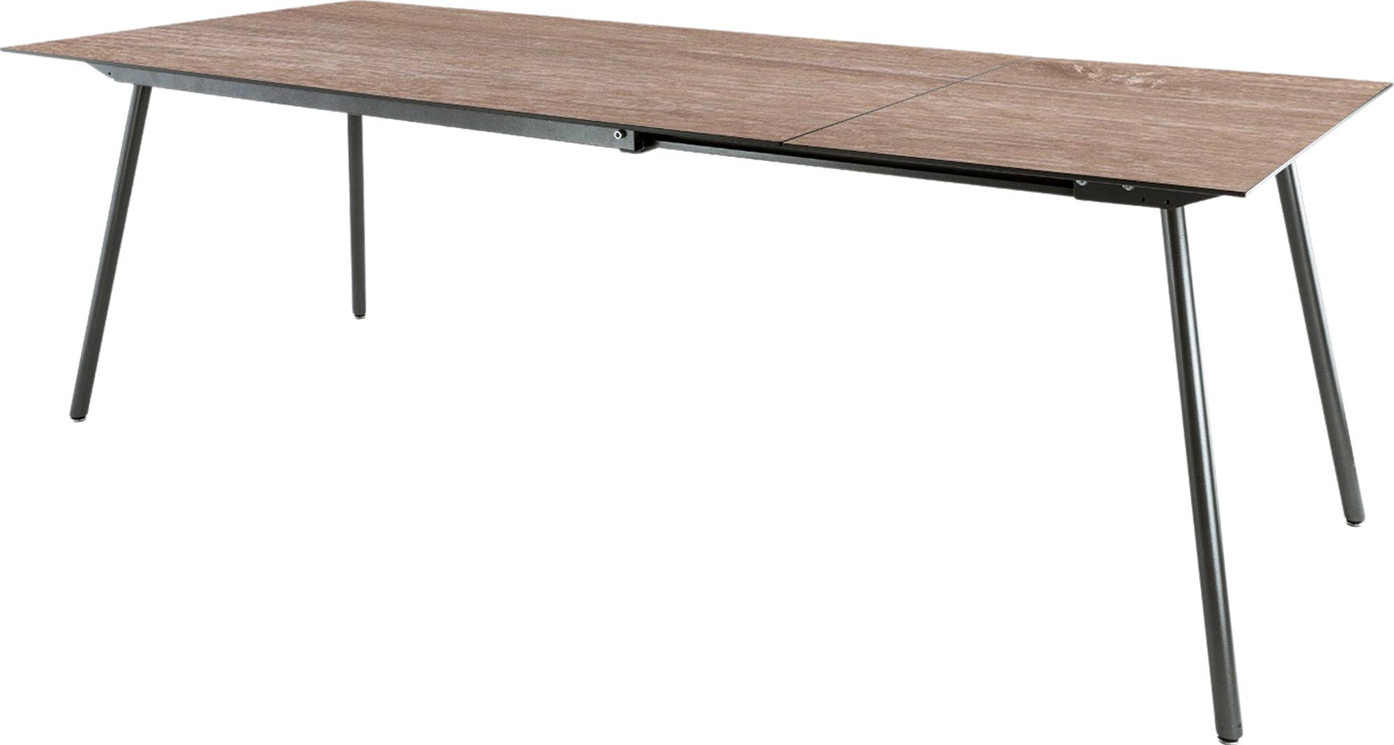 Moderner Gartentisch aus Glasfaser, ausziehbar von 160 auf 220 cm, ideal für Garten und Terrasse, robust und pflegeleicht.