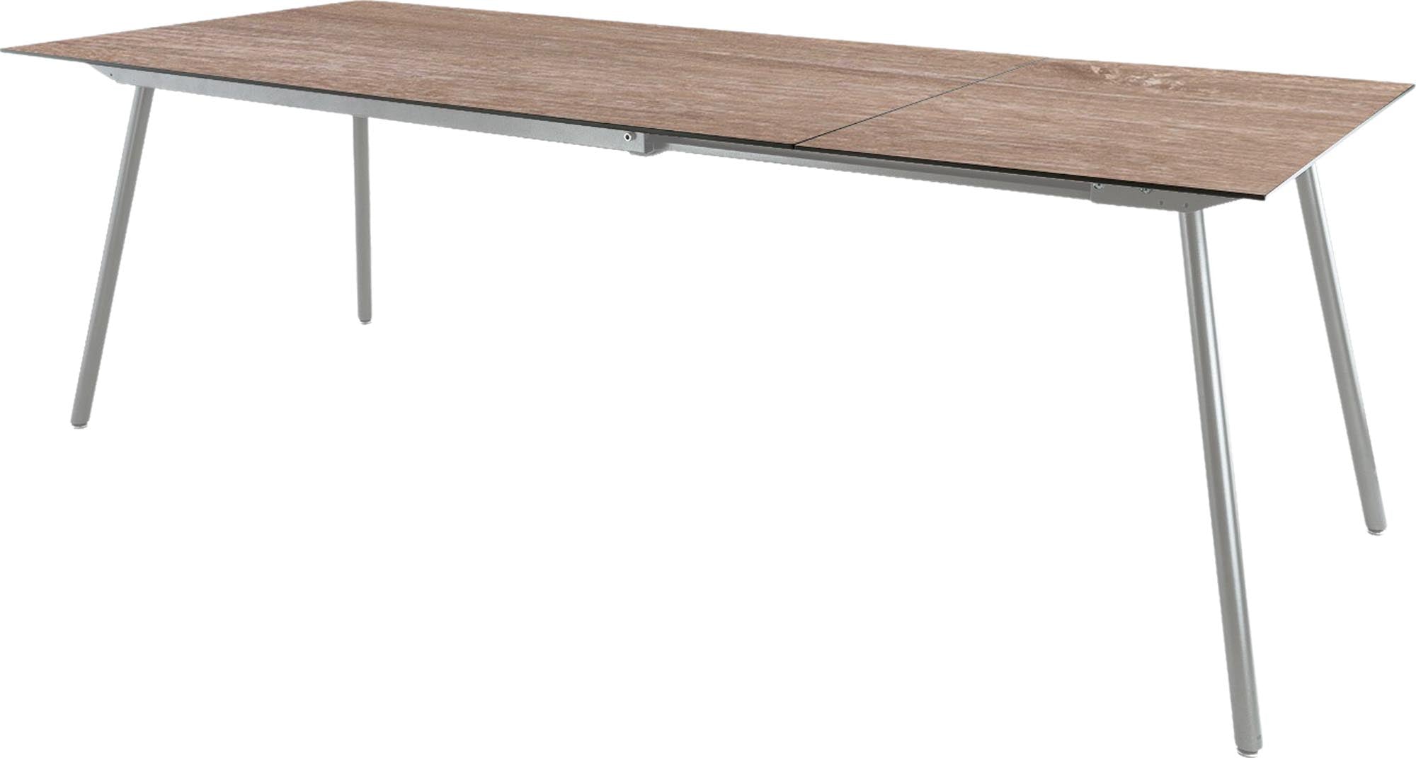 Hochwertiger, wetterfester Glasfaser-Gartentisch 160/220x90cm, ausziehbar, hitzebeständig, pflegeleicht, langlebig, modernes Design, Swiss Made.