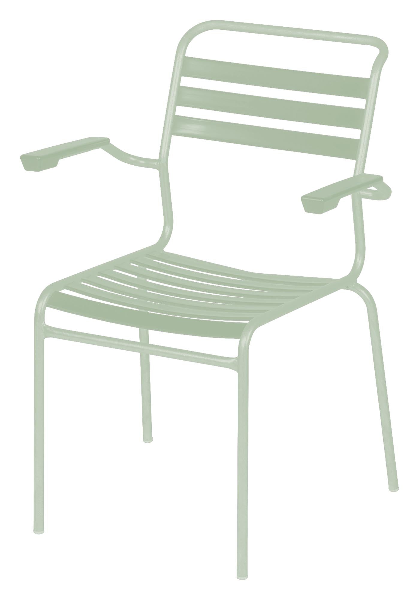 Entdecken Sie den Säntis Stuhl mit Armlehne von Schaffner: Elegante Optik, robust für den Außenbereich und platzsparend stapelbar.