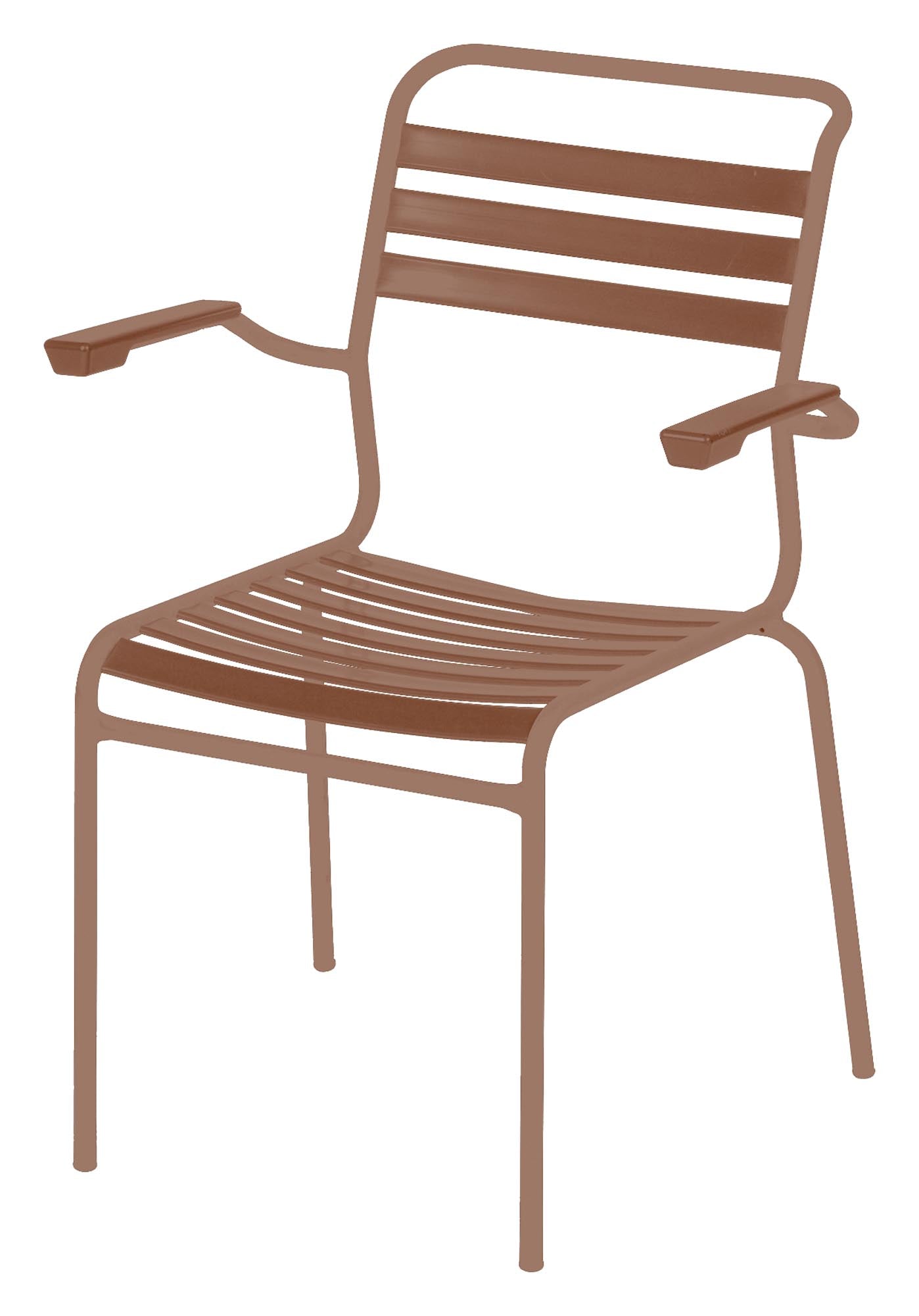 Entdecken Sie den Säntis Stuhl mit Armlehne von Schaffner: Elegante Optik, robust für den Außenbereich und platzsparend stapelbar.