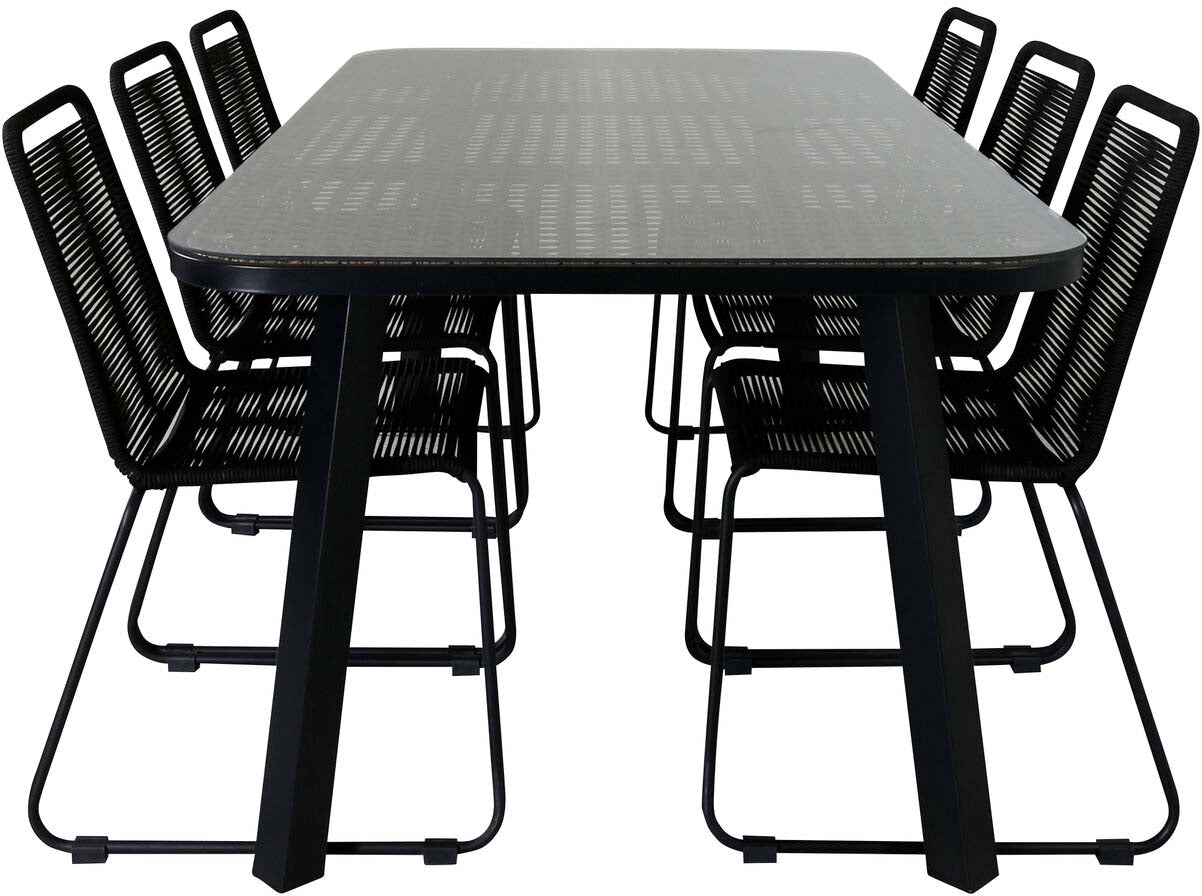 Paola Outdoor-Tischset + Lindos Stacking 200cm/6St. in Schwarz präsentiert im Onlineshop von KAQTU Design AG. Gartentischset ist von Venture Home