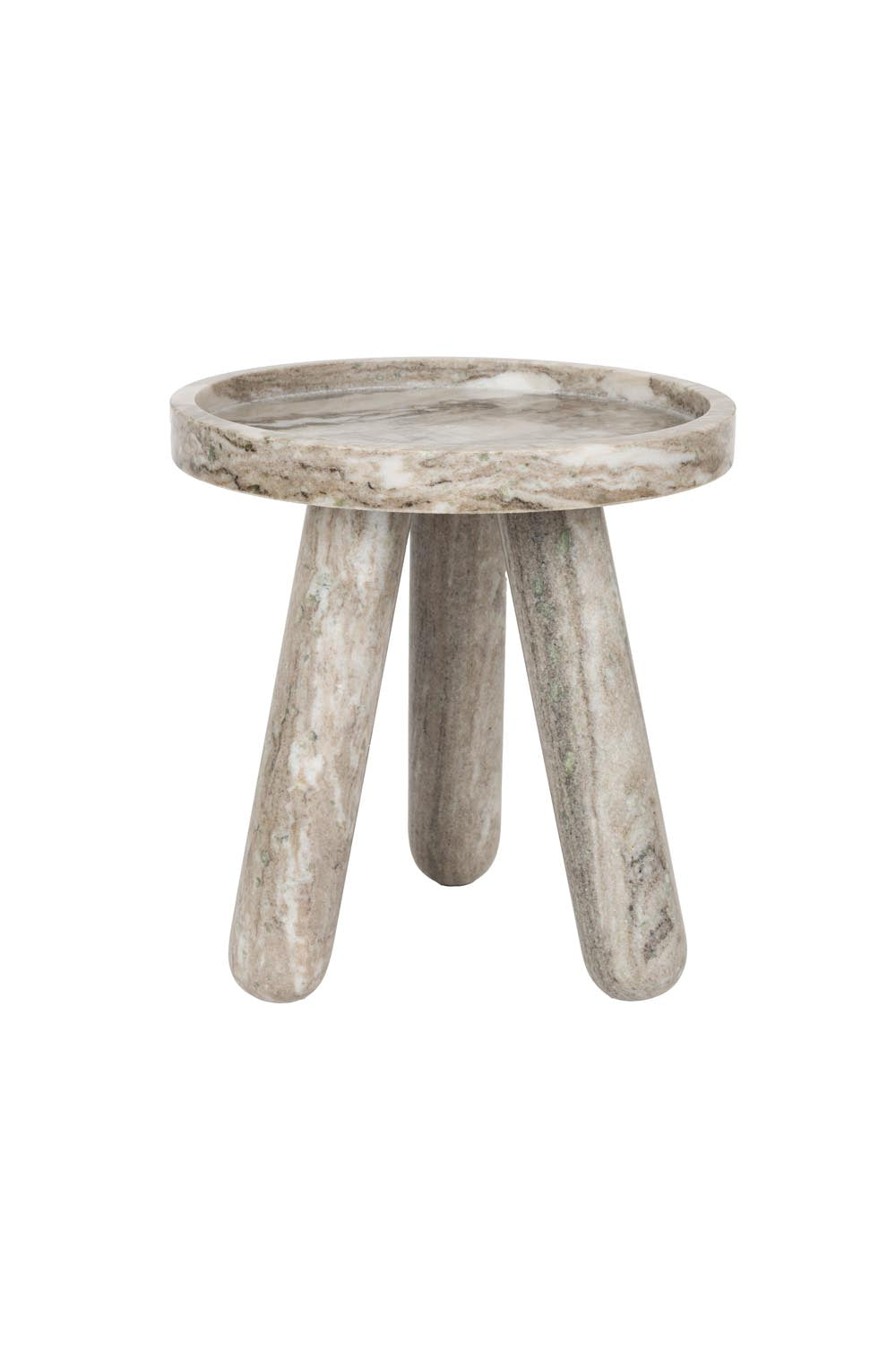 Eleganter Beistelltisch mit runder Marmorplatte, stabilen Beinen und erhöhtem Rand. Vielseitig als Nachttisch oder Ablage nutzbar.