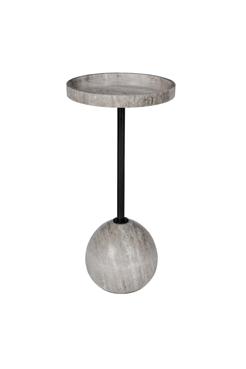 Eleganter Cocktail-Beistelltisch mit brauner Marmorplatte, kugelförmigem Sockel und stabilem Eisenschaft. Perfekt für stilvolle Abende.