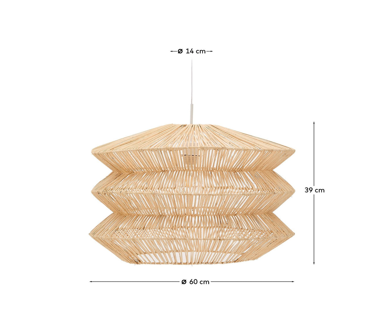 Lampenschirm Dakit aus handgeflochtenem Rattan mit Eisenrahmen in Naturfarbe, rund geformt für Deckenleuchten.
