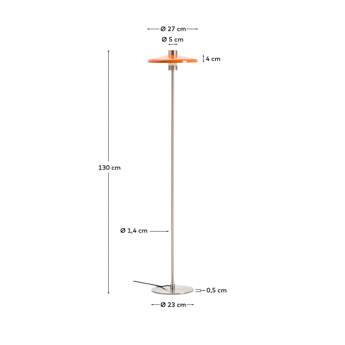 Stehlampe Nuvira aus hellgrauem gebürstetem Metall mit orangefarbenem Schirm in Orange, Silber präsentiert im Onlineshop von KAQTU Design AG. Stehleuchte ist von Kave Home