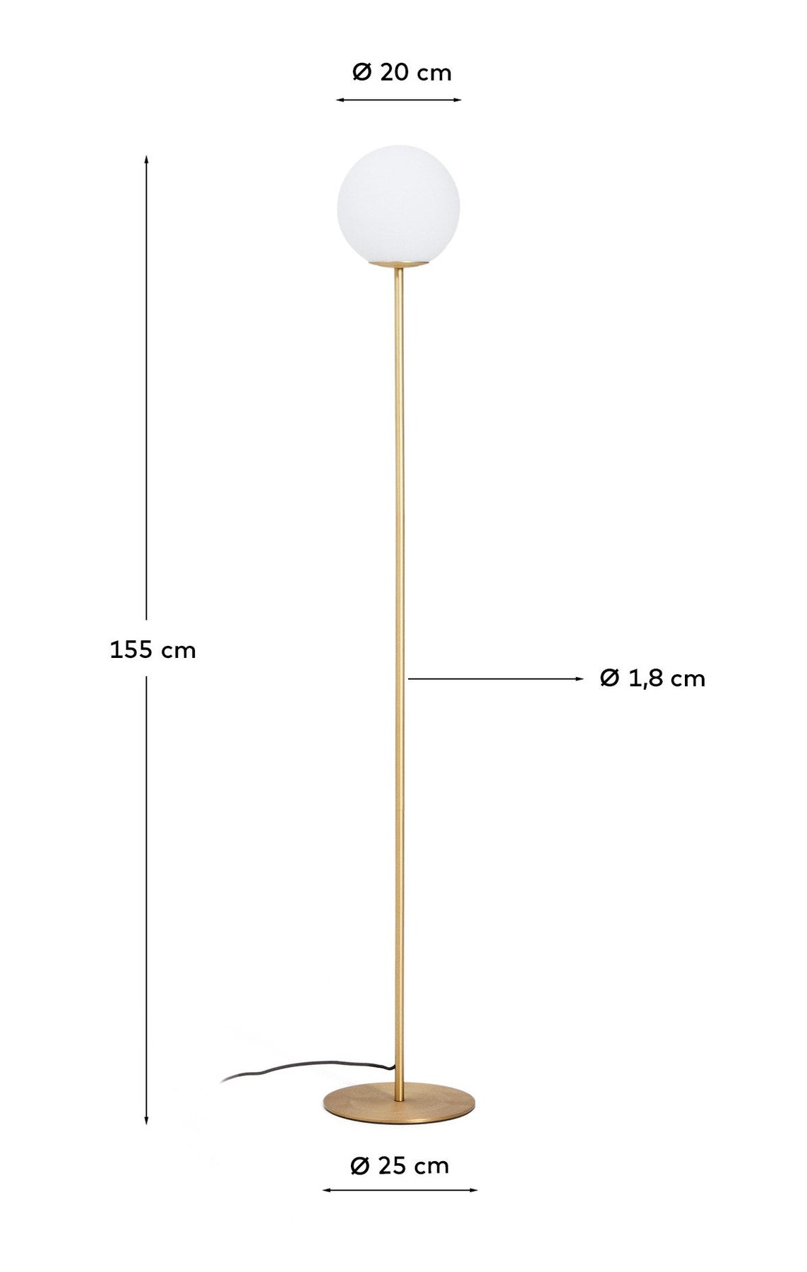 Stehlampe Brisia aus Metall mit gebürstetem Messing-Finish und einer mattierten Glaskugel Ø 20 cm in Gold, Weiss präsentiert im Onlineshop von KAQTU Design AG. Stehleuchte ist von Kave Home